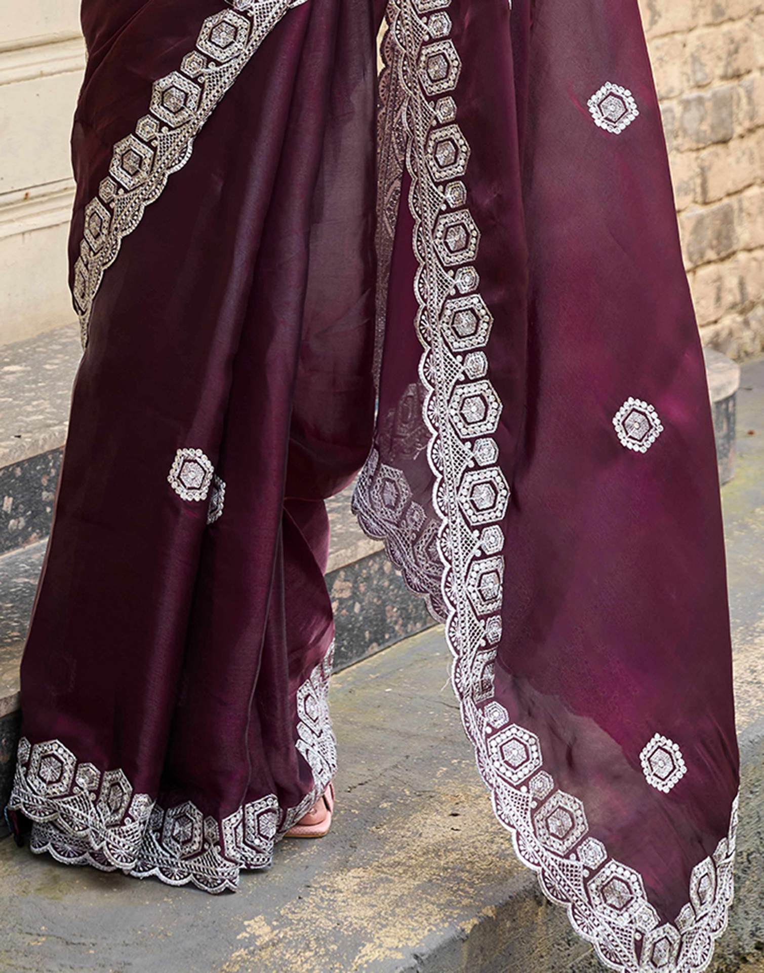 Wine Tissue Silk Sequence Embroidery Saree - Image 8