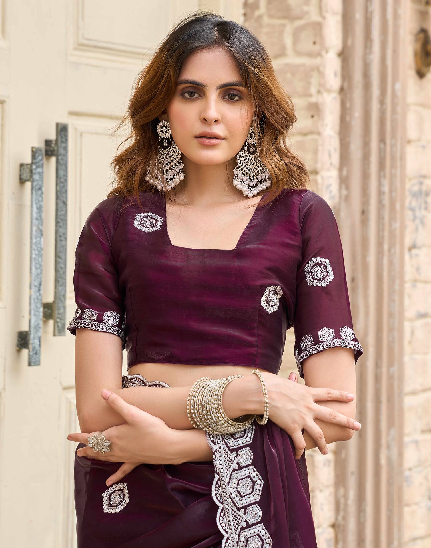 Wine Tissue Silk Sequence Embroidery Saree - Image 9
