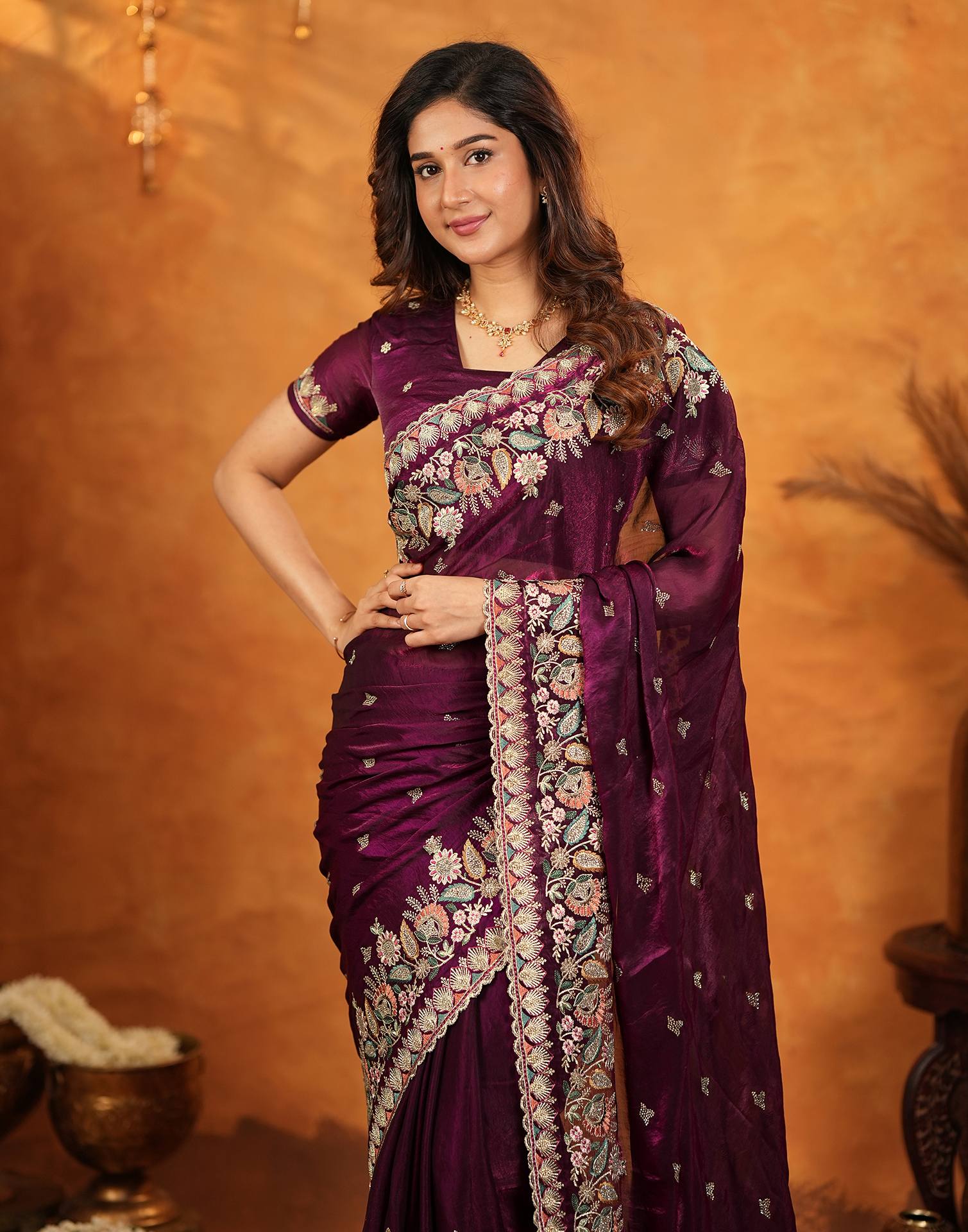 Wine Tissue Silk Stone Work Embroidery Saree - Image 9