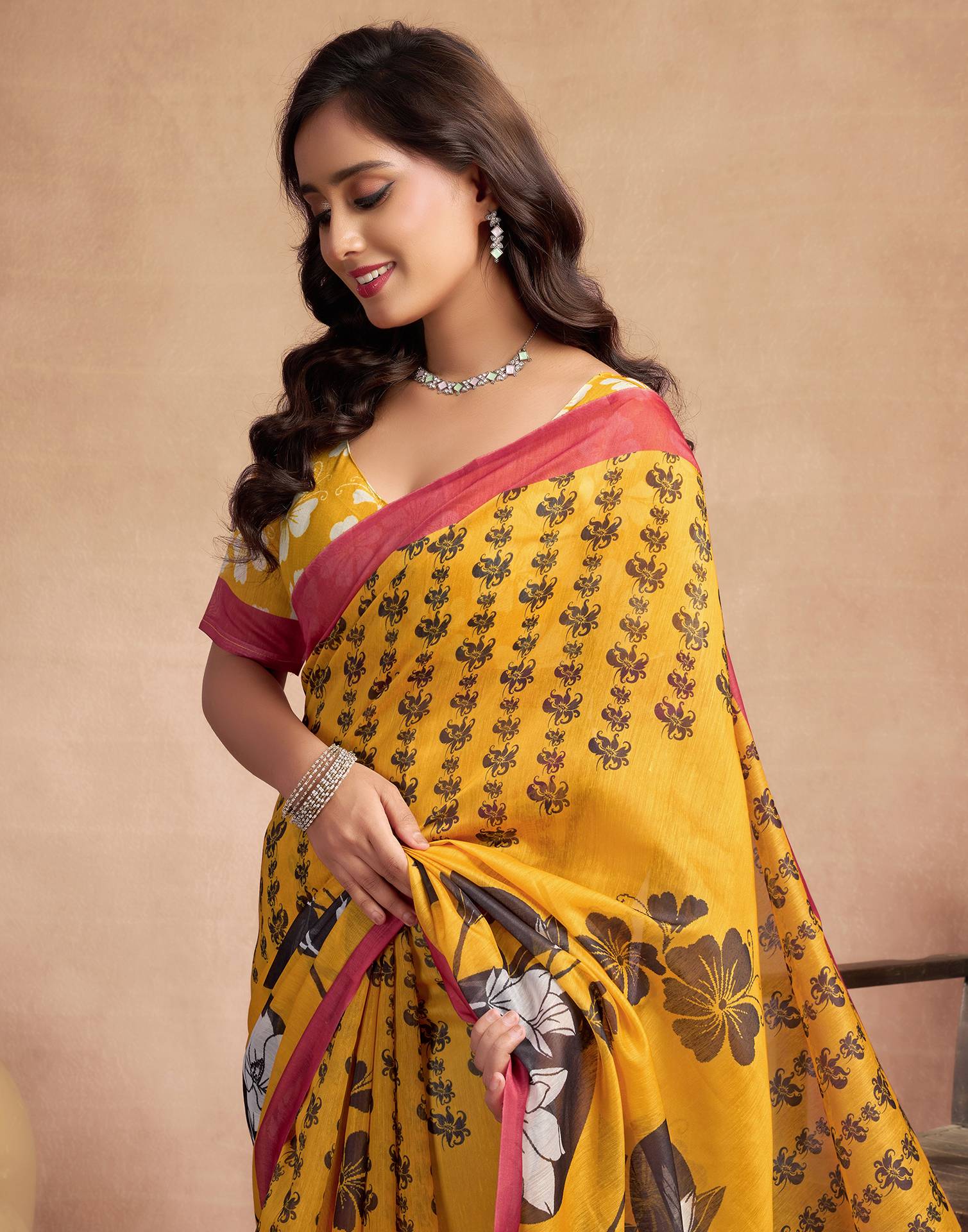 Yellow Chanderi Cotton Floral Printed Saree - Image 2