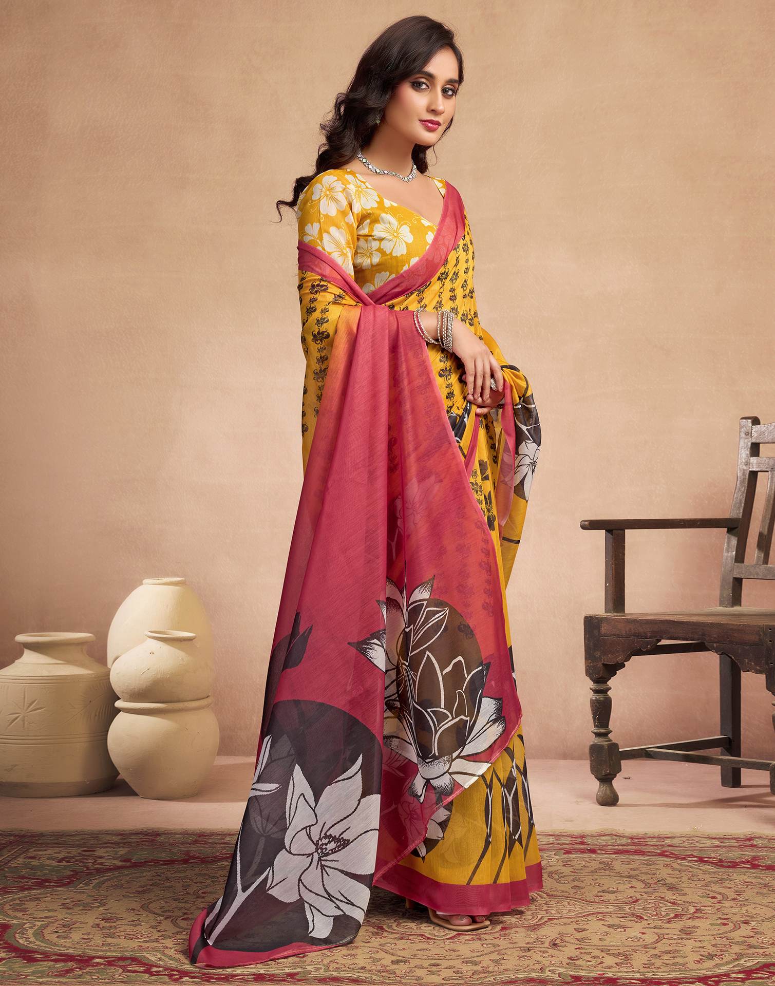 Yellow Chanderi Cotton Floral Printed Saree - Image 4