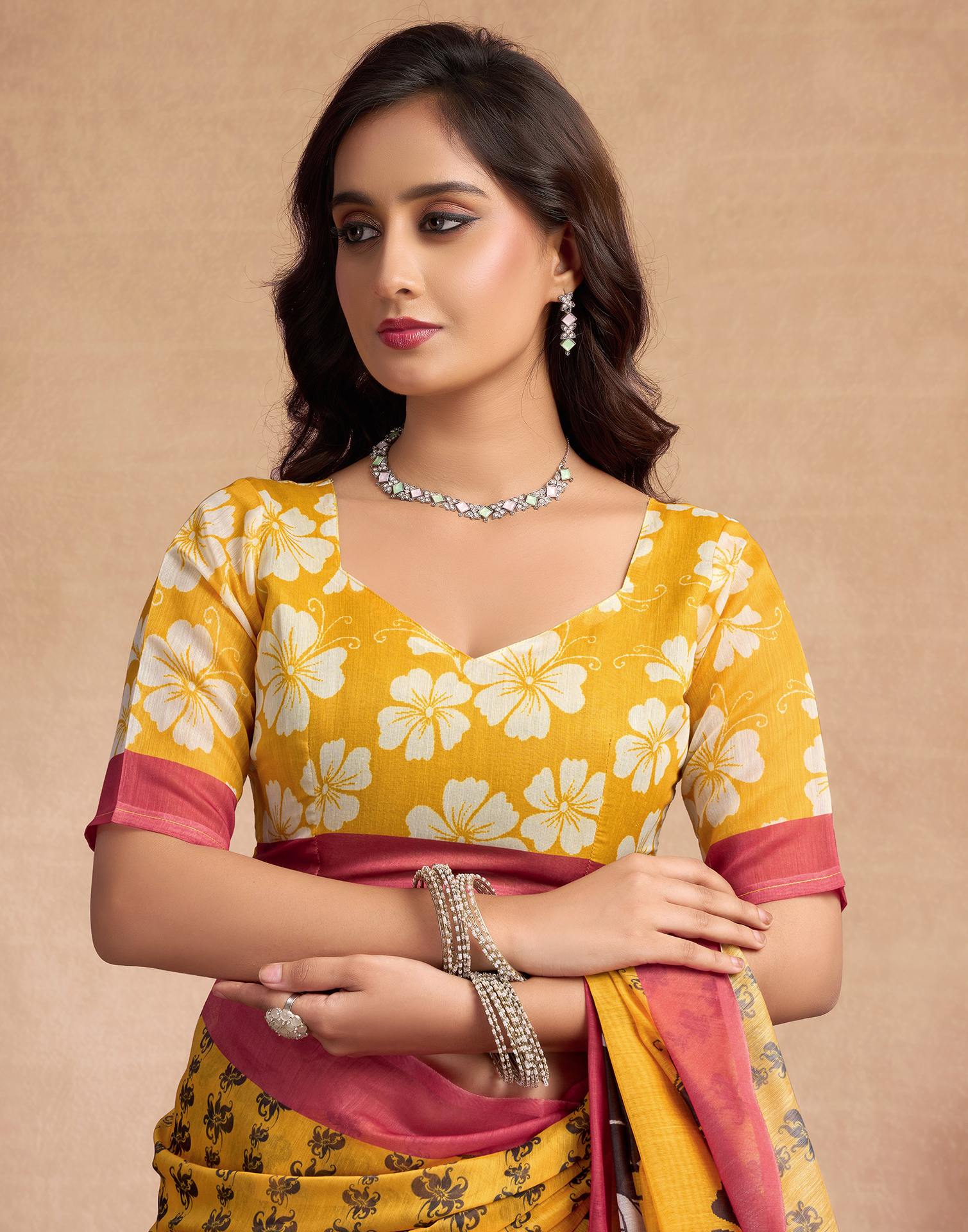 Yellow Chanderi Cotton Floral Printed Saree - Image 7