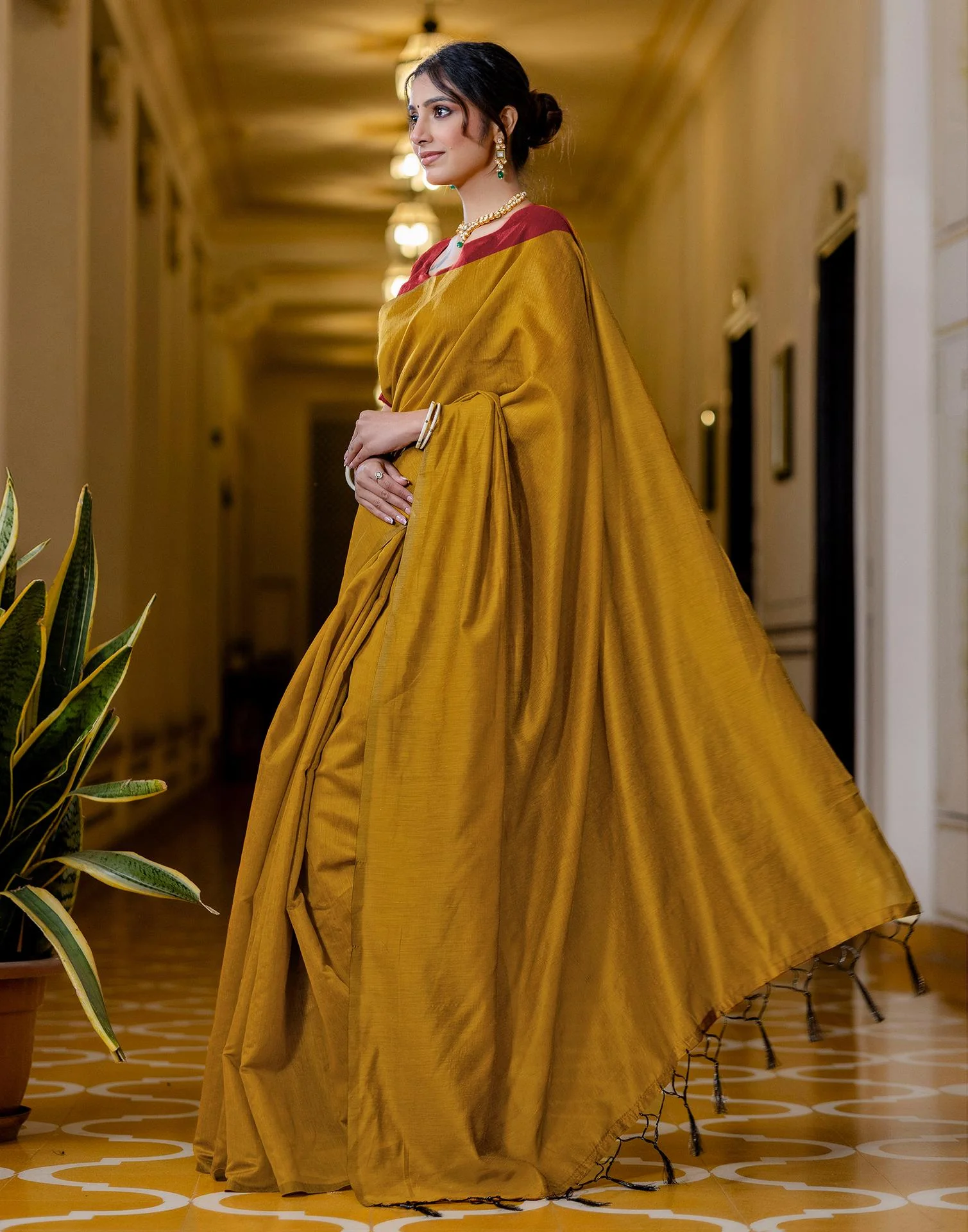 Yellow Chanderi Cotton Tassels Plain Saree - Image 6