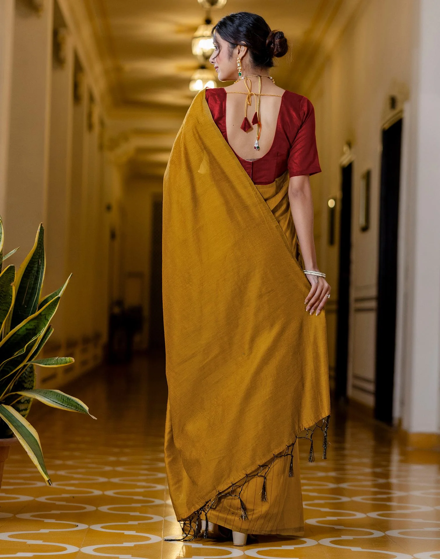 Yellow Chanderi Cotton Tassels Plain Saree - Image 8