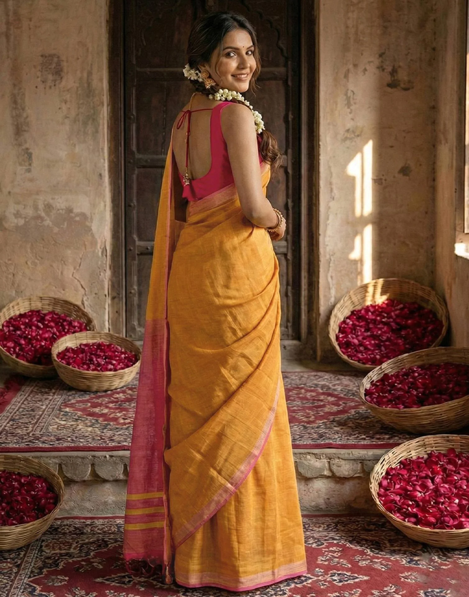 Yellow Chanderi Cotton Zari Border Woven Saree - Image 4