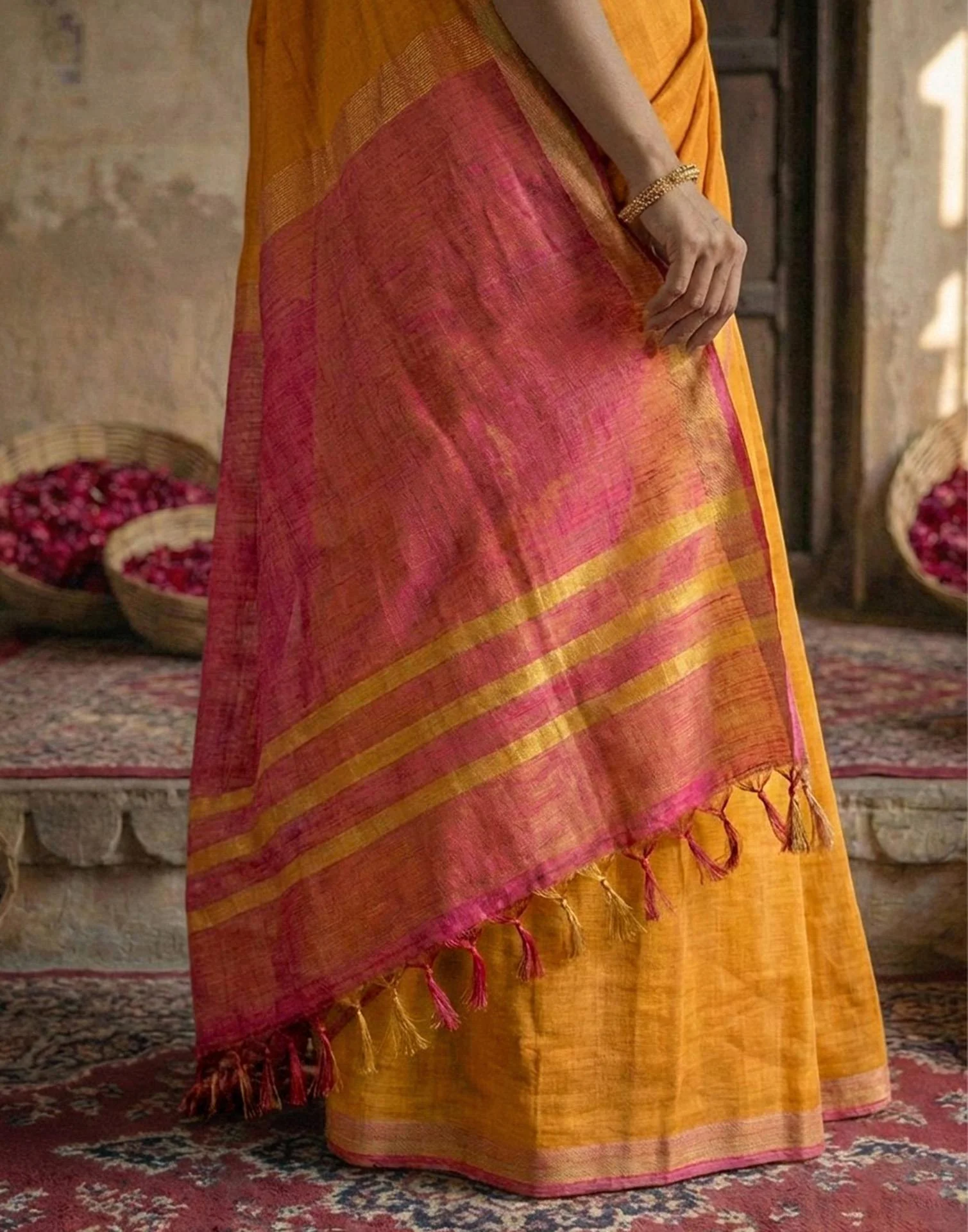 Yellow Chanderi Cotton Zari Border Woven Saree - Image 5