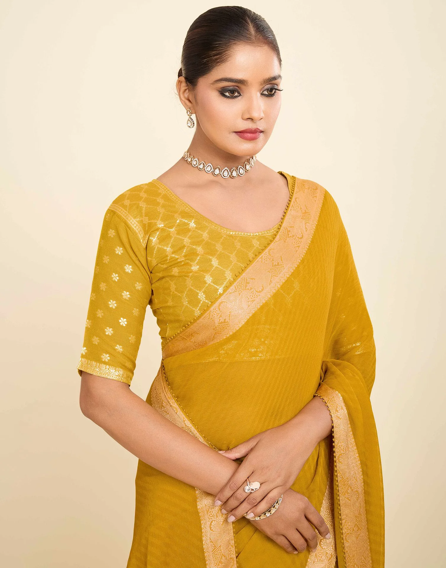 Yellow Chiffon Lace Saree - Image 2