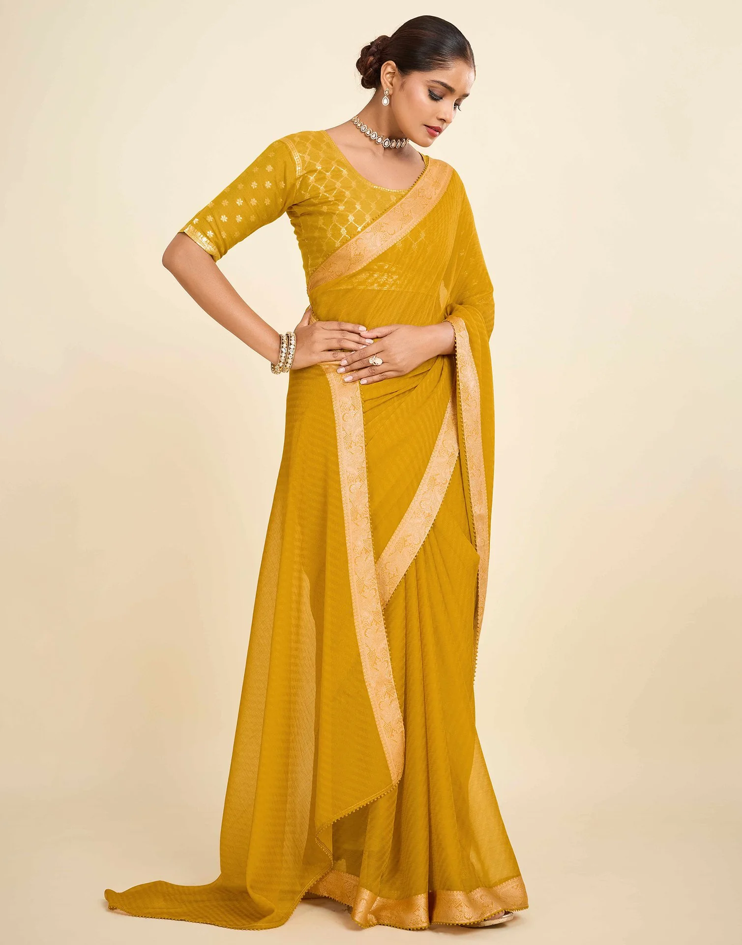 Yellow Chiffon Lace Saree - Image 6