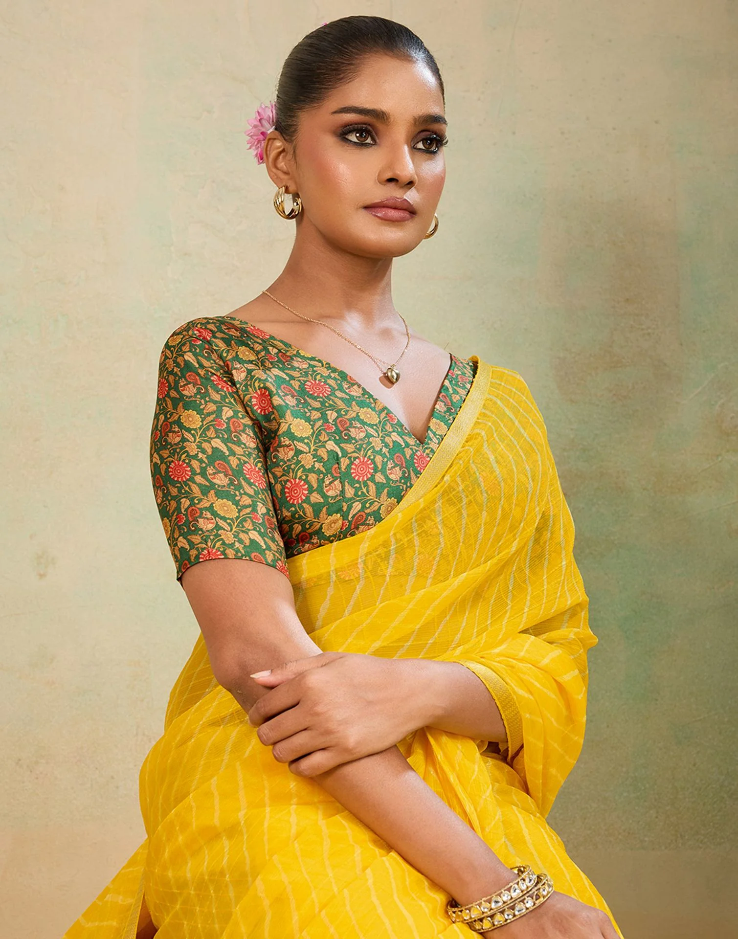 Yellow Chiffon Laheriya Saree - Image 2