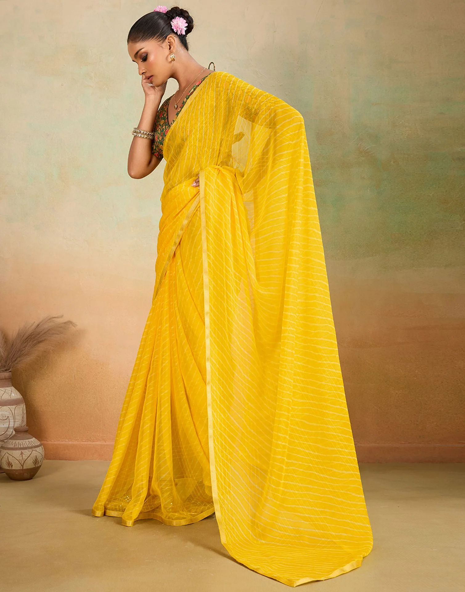 Yellow Chiffon Laheriya Saree - Image 4