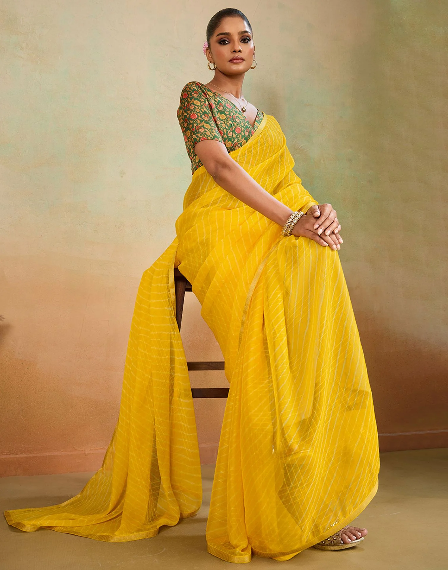 Yellow Chiffon Laheriya Saree - Image 5