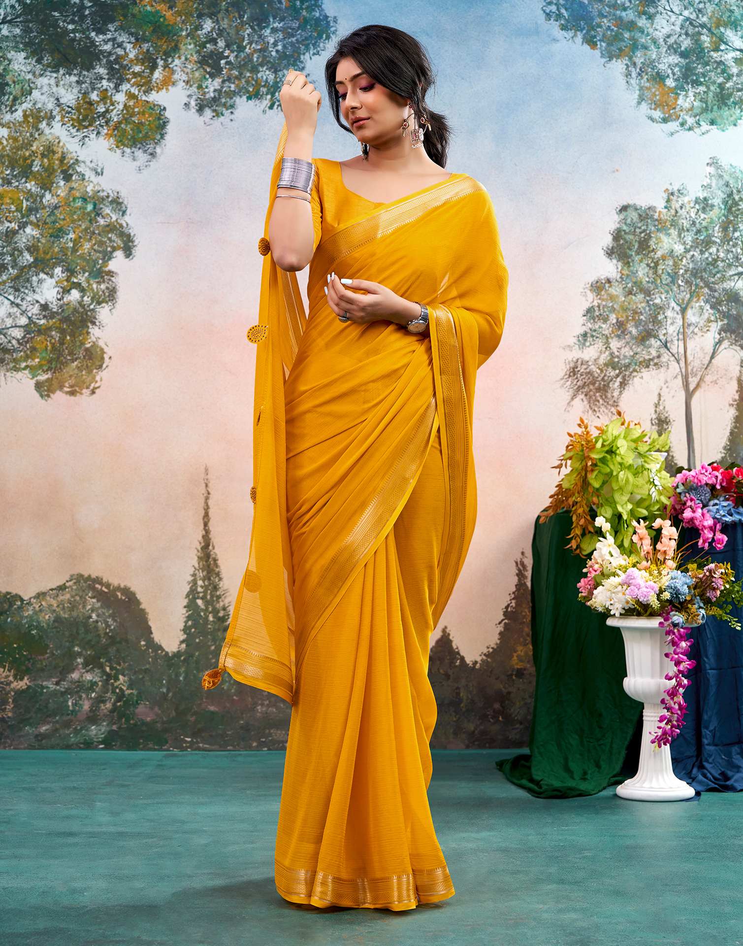 Yellow Chiffon Woven Border Saree - Image 2