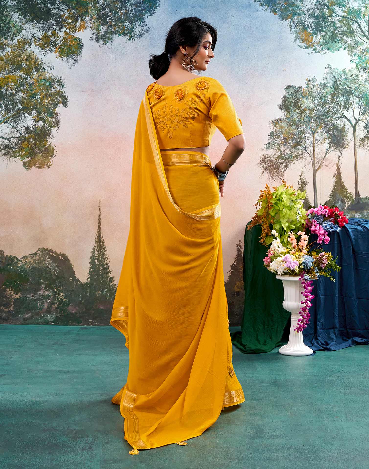 Yellow Chiffon Woven Border Saree - Image 4