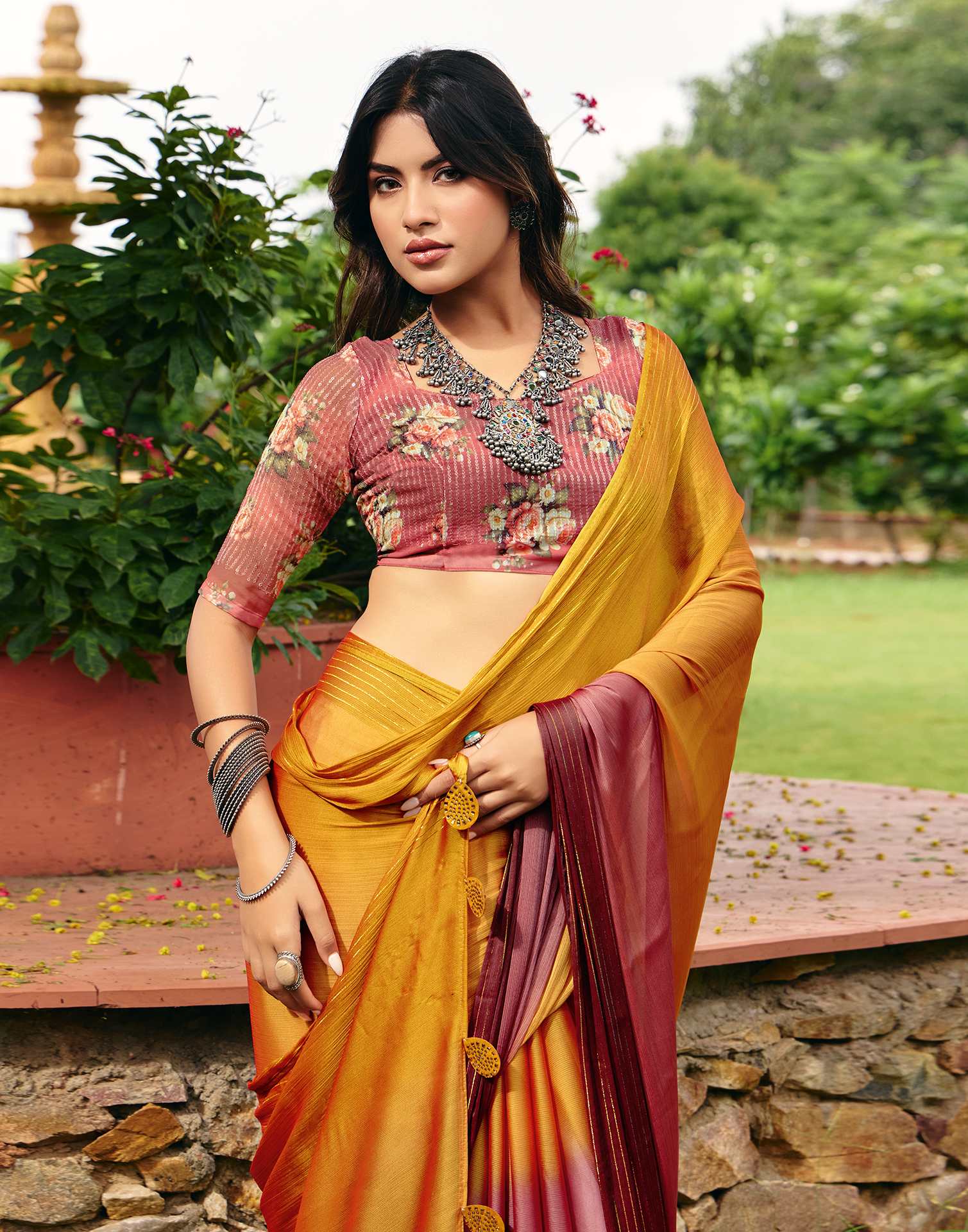 Yellow Chiffon Zari Stripe Saree - Image 2