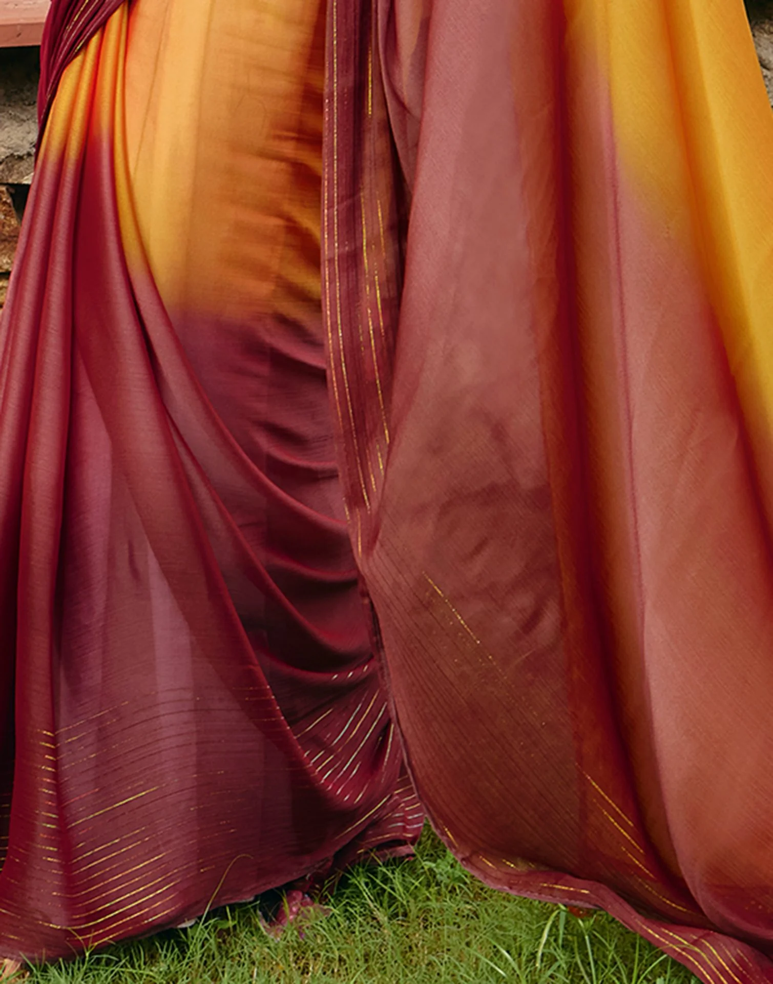 Yellow Chiffon Zari Stripe Saree - Image 4