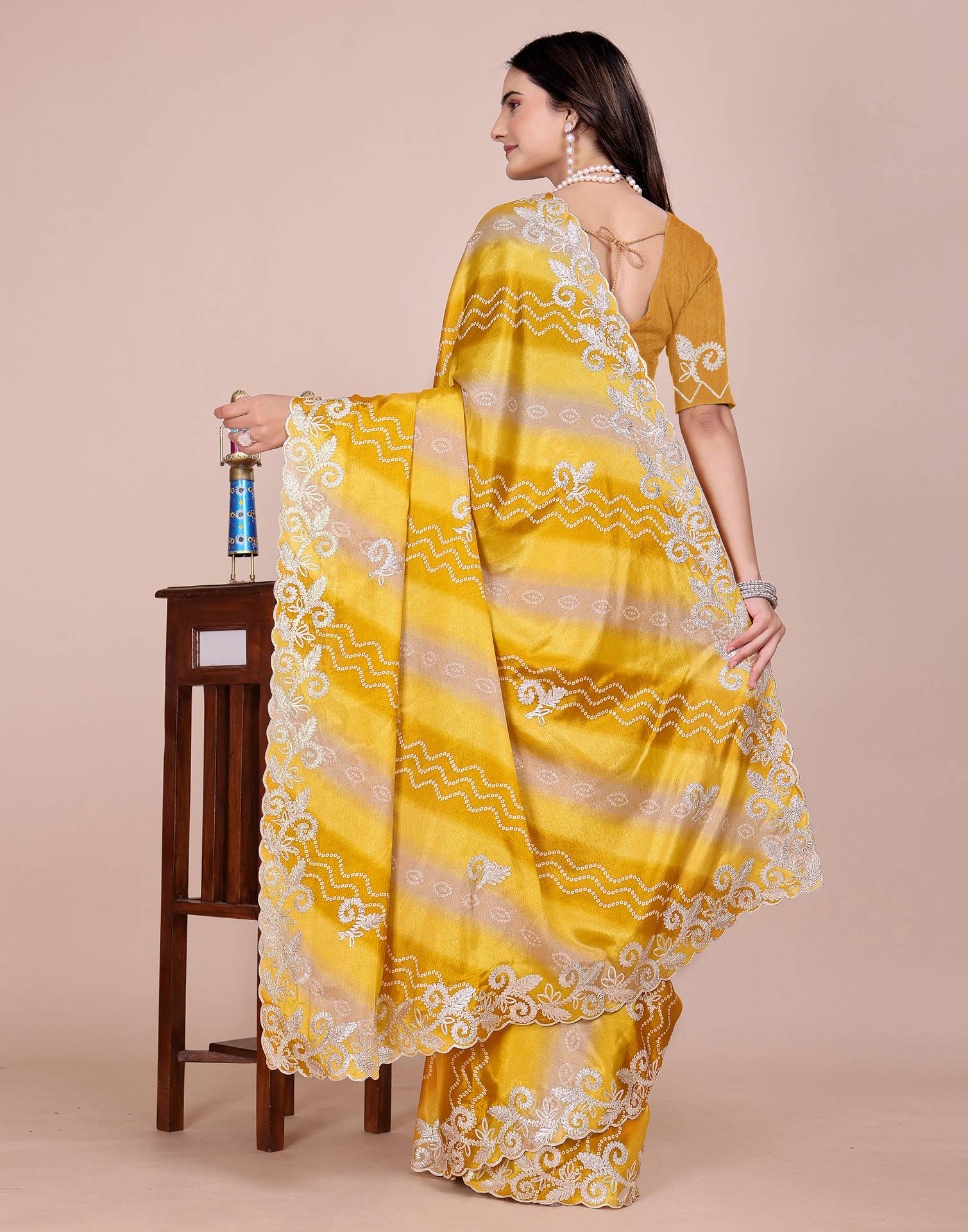 Yellow Chinnon Printed Bandhani Saree - Image 4