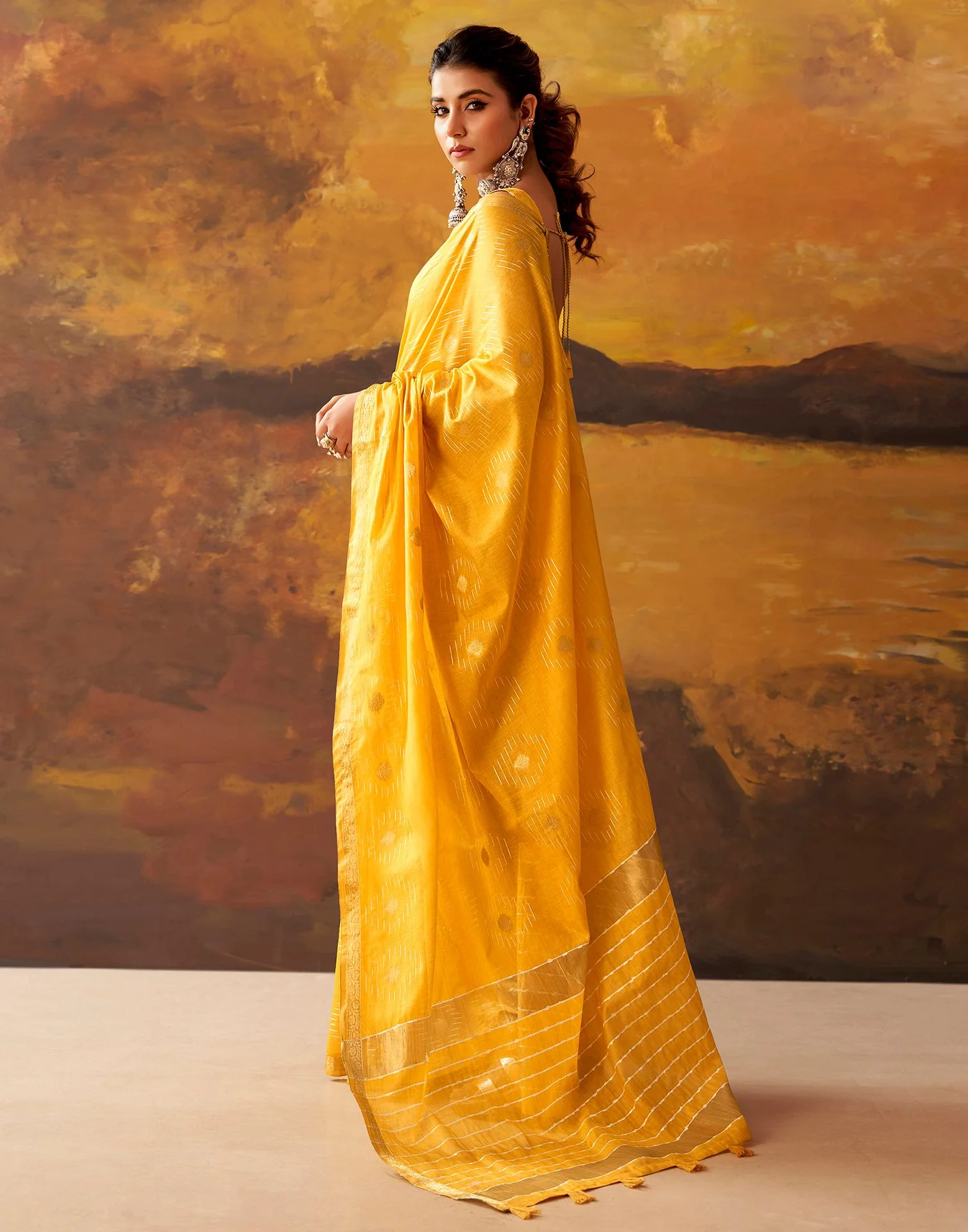 Yellow Cotton Chanderi Woven Saree - Image 5