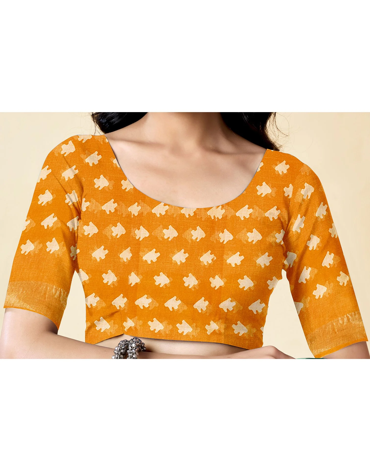Yellow Cotton Linen Printed Saree - Image 7