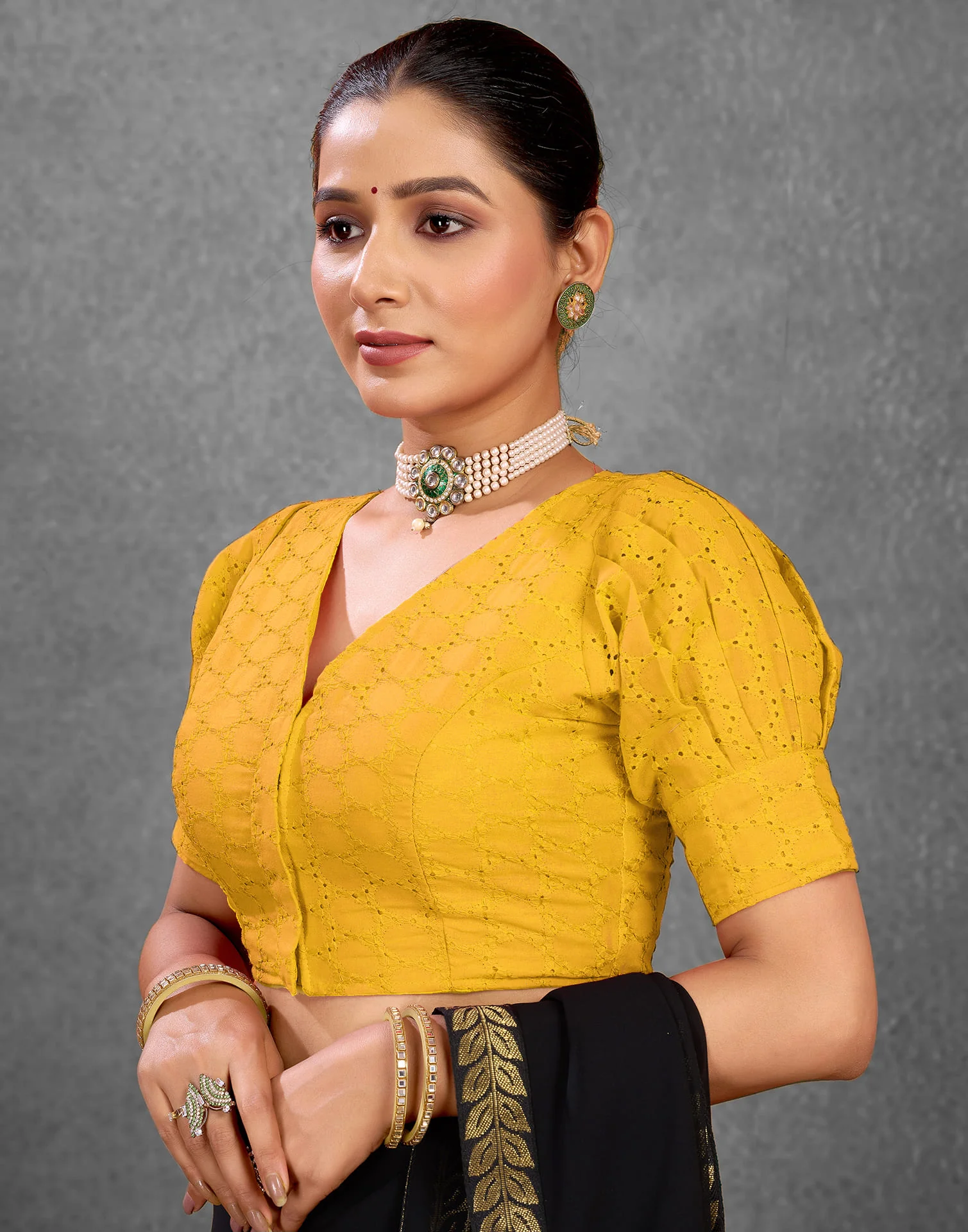 Yellow Cotton Plain Plain Blouse - Image 4