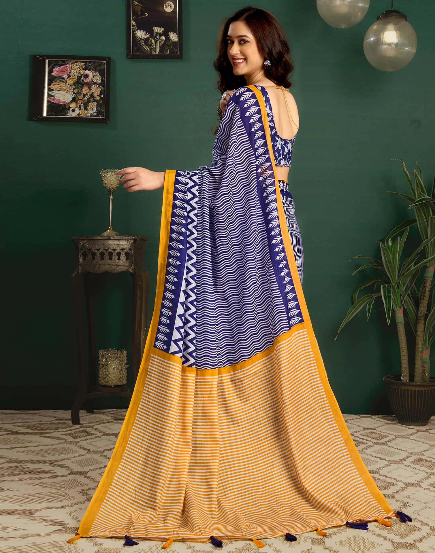 Blue Cotton Printed Saree - Image 6