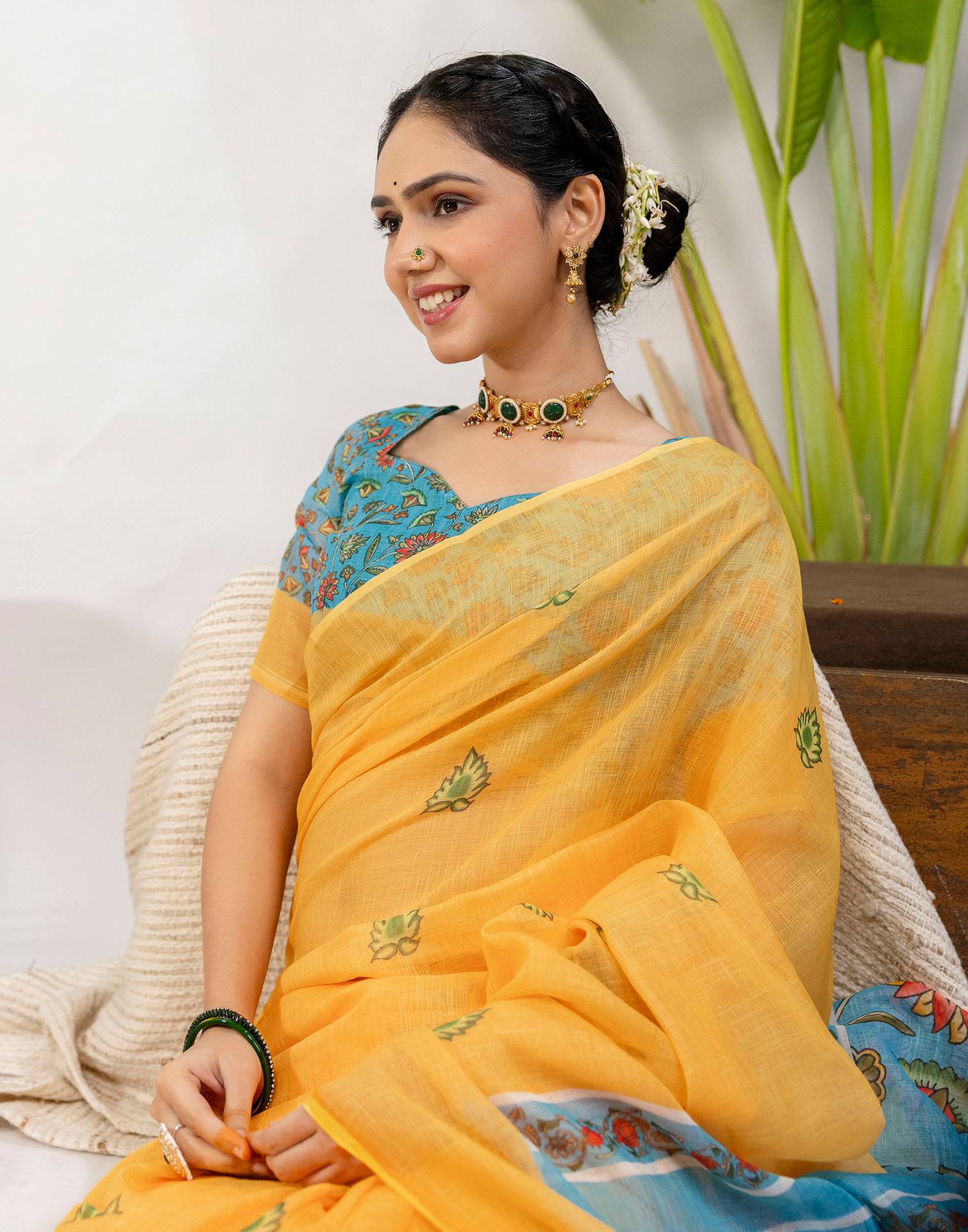Yellow Cotton Printed Saree - Image 8