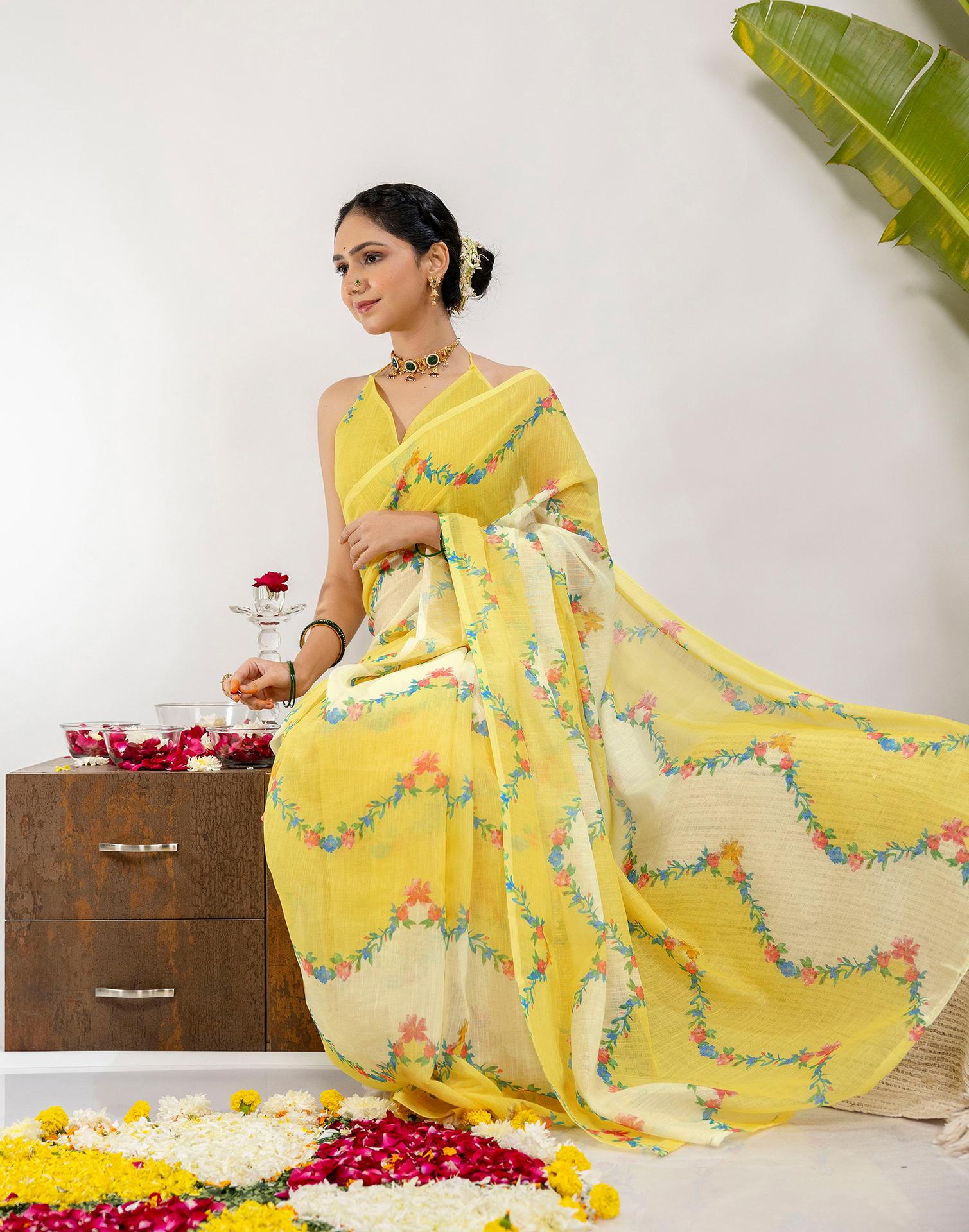Yellow Cotton Printed Saree - Image 4