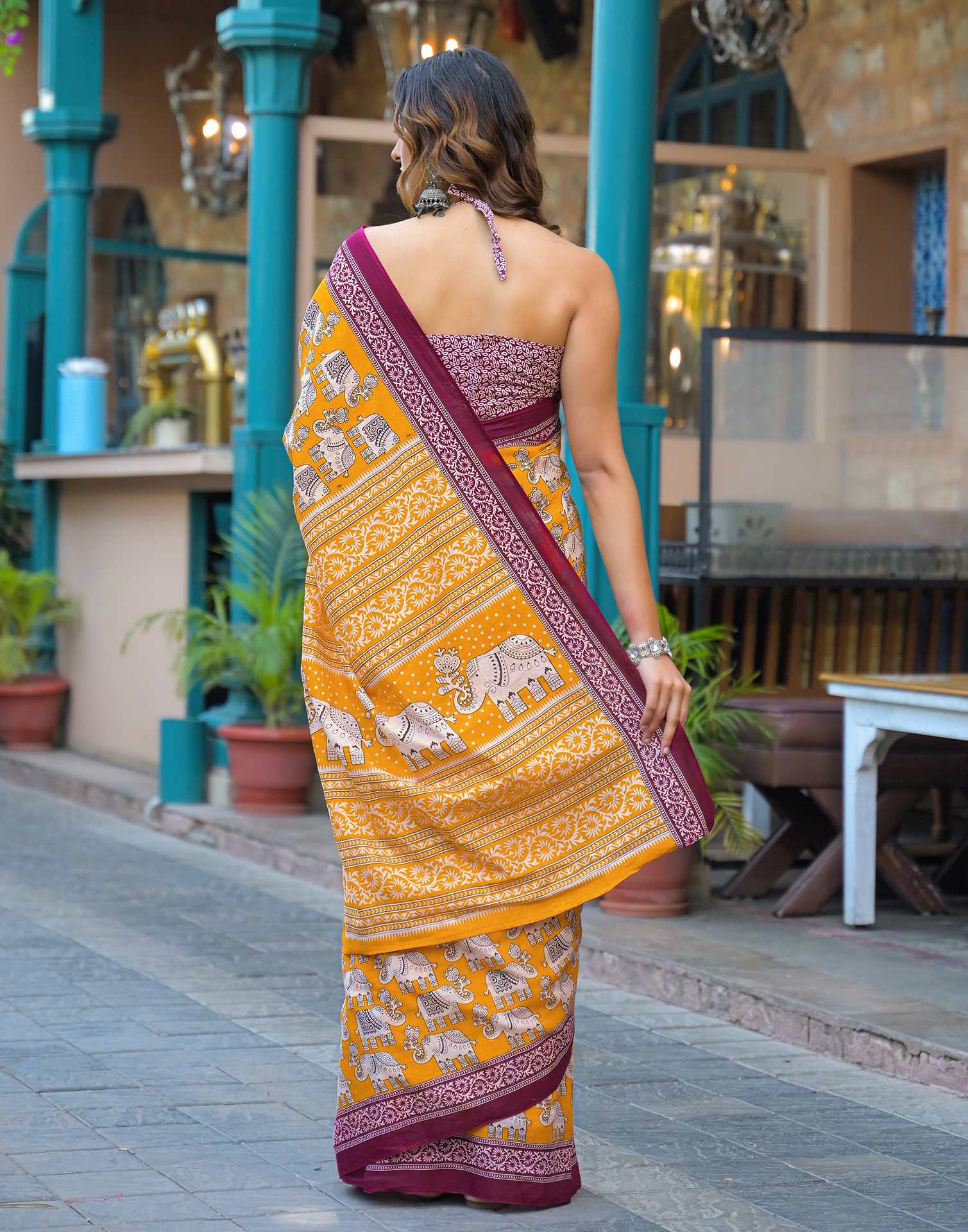 Yellow Cotton Printed Saree - Image 7