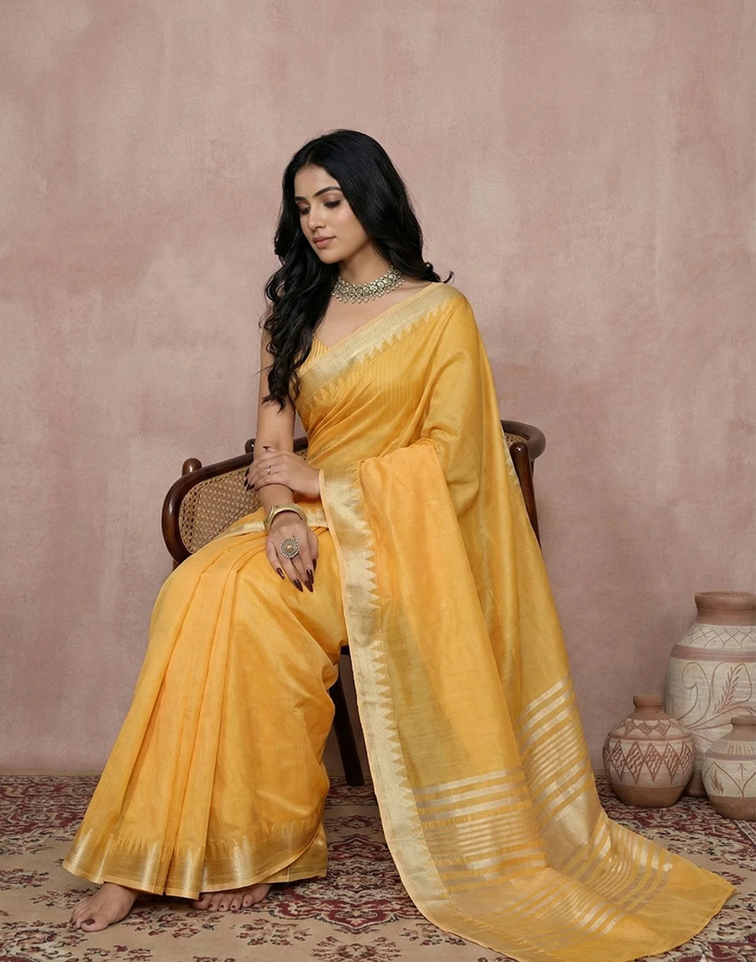 Yellow Cotton Silk Woven Border Saree - Image 4