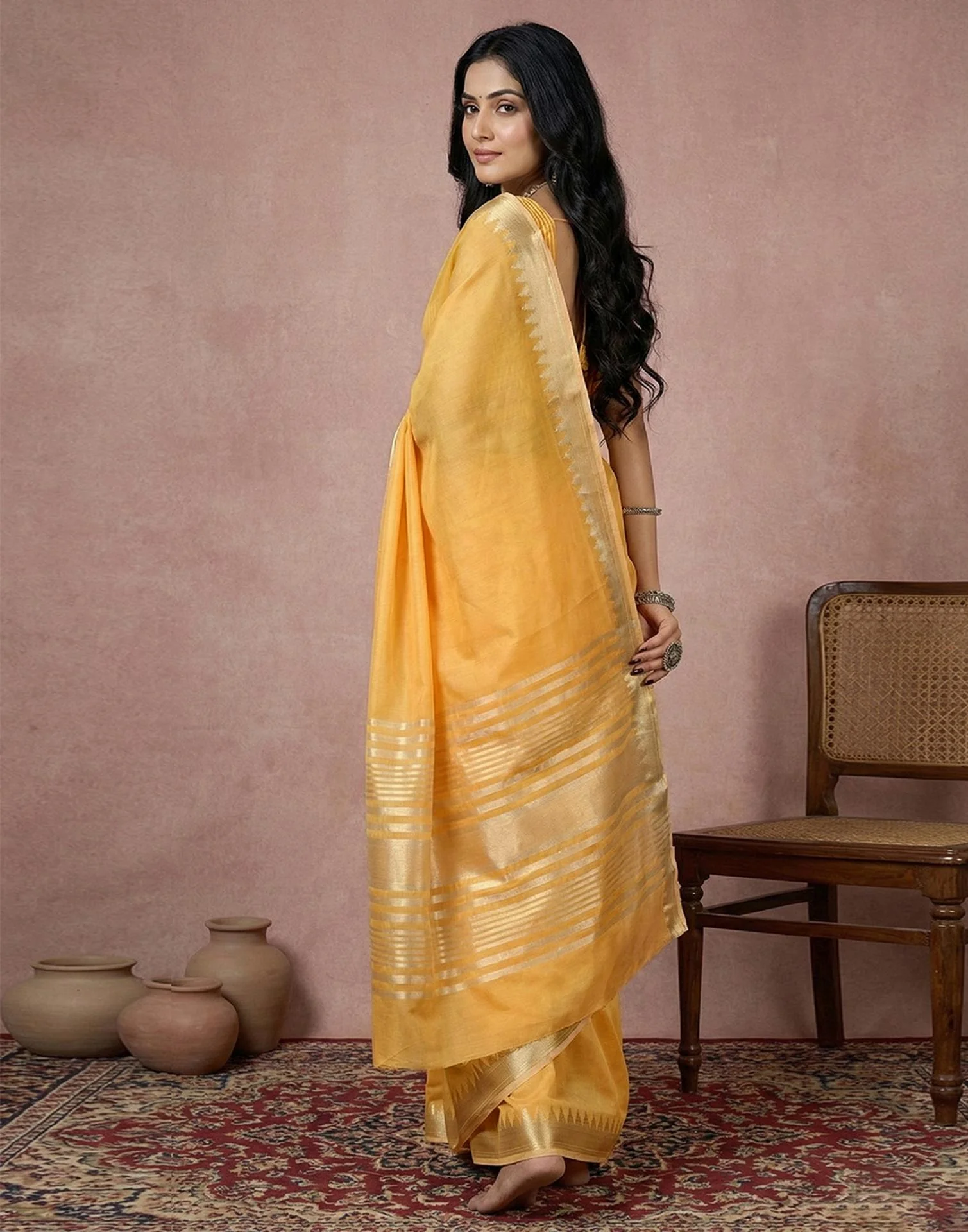 Yellow Cotton Silk Woven Border Saree - Image 5