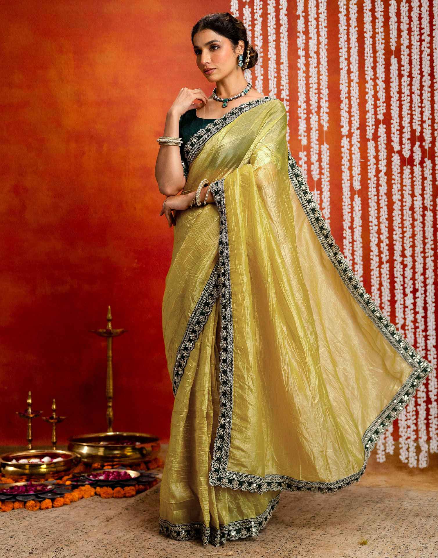 Yellow Crush Tissue Sequence Lace Saree - Image 5