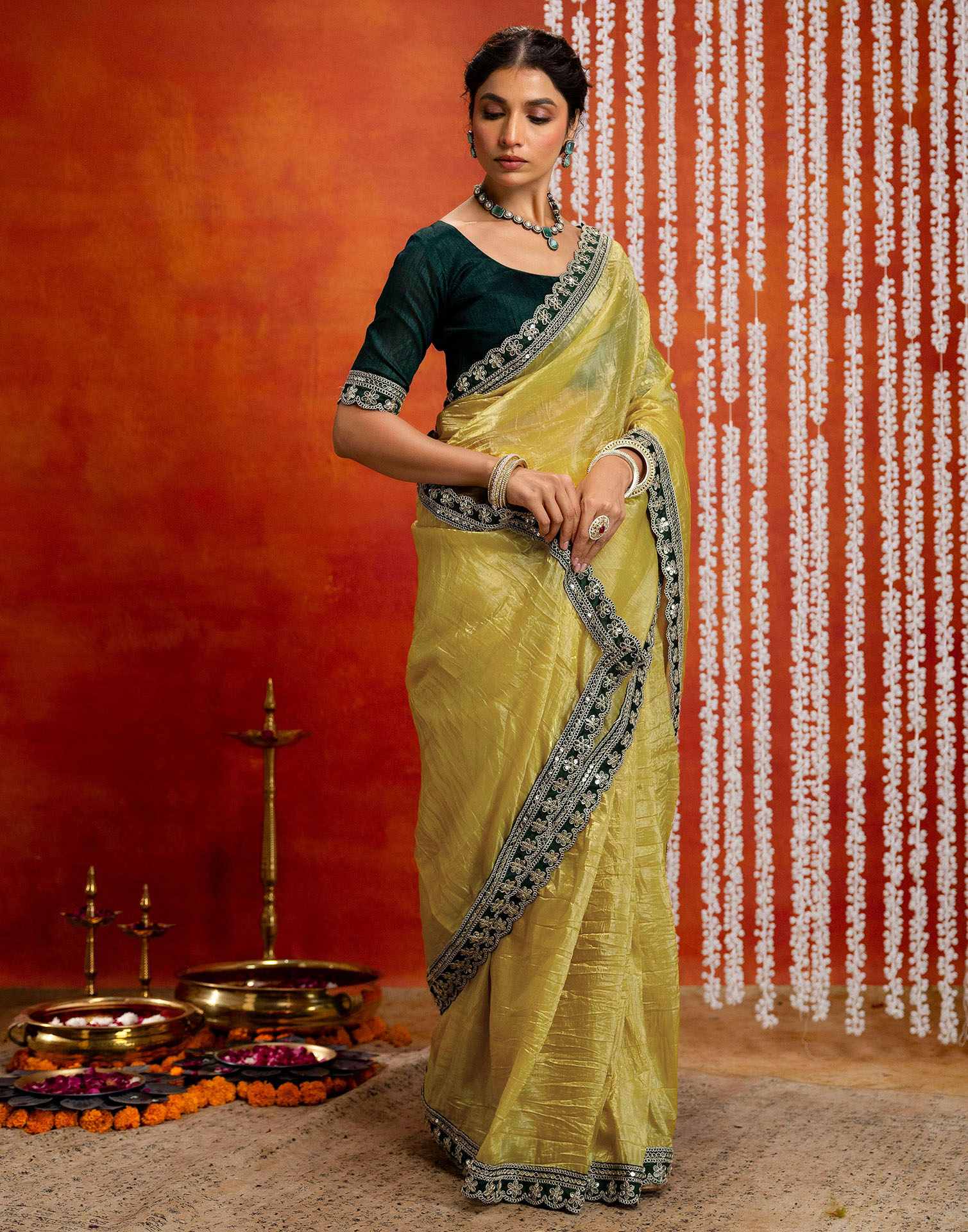 Yellow Crush Tissue Sequence Lace Saree - Image 6