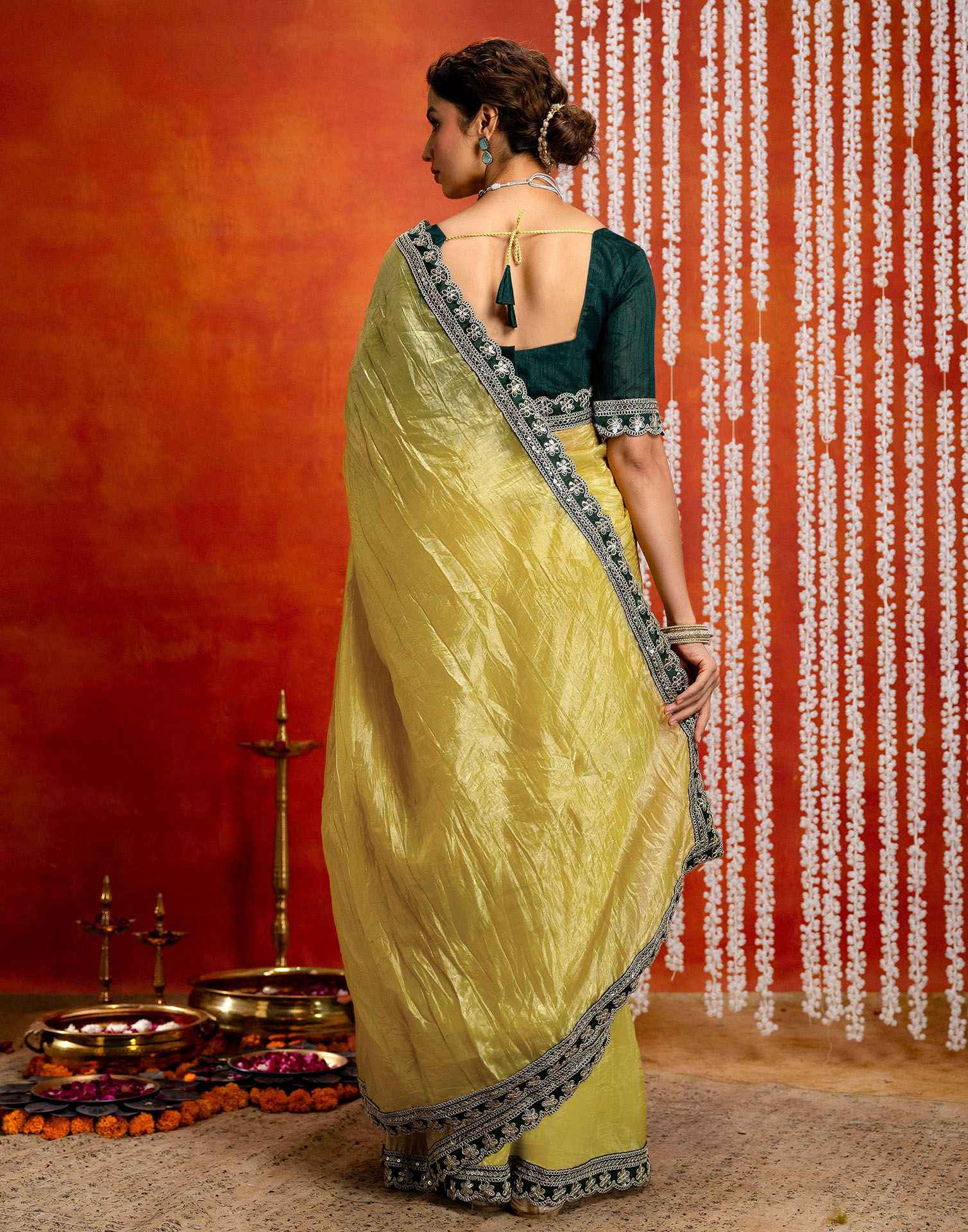 Yellow Crush Tissue Sequence Lace Saree - Image 7