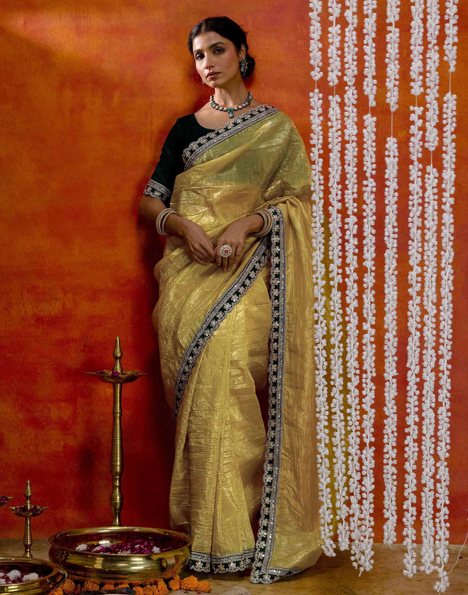 Yellow Crush Tissue Sequence Lace Saree - Image 8