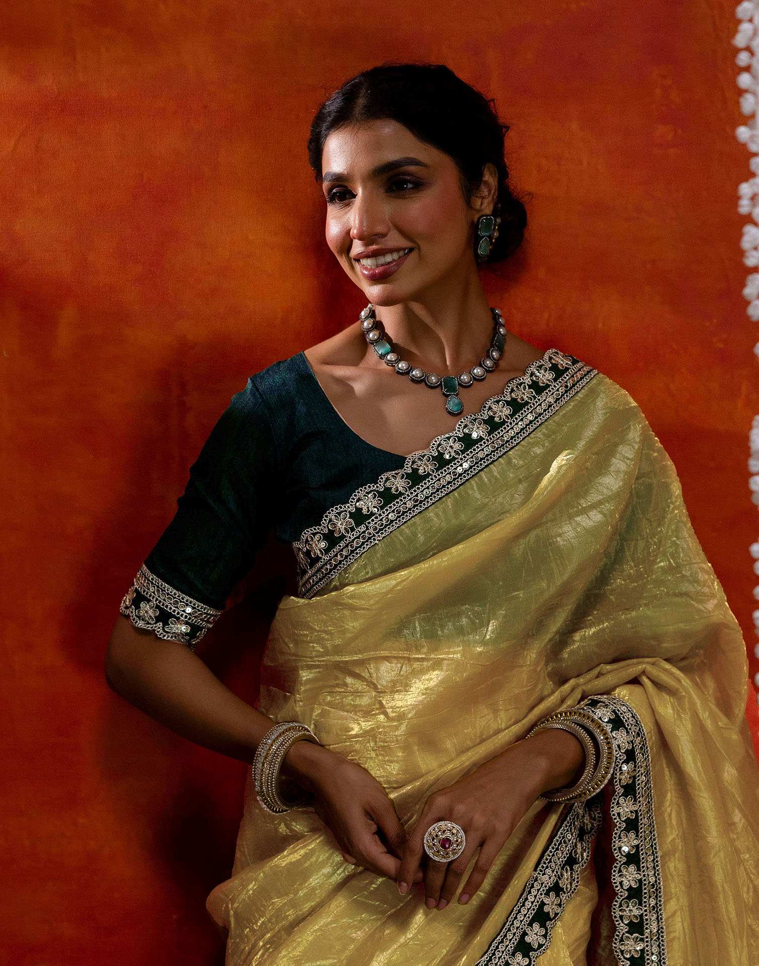 Yellow Crush Tissue Sequence Lace Saree - Image 9