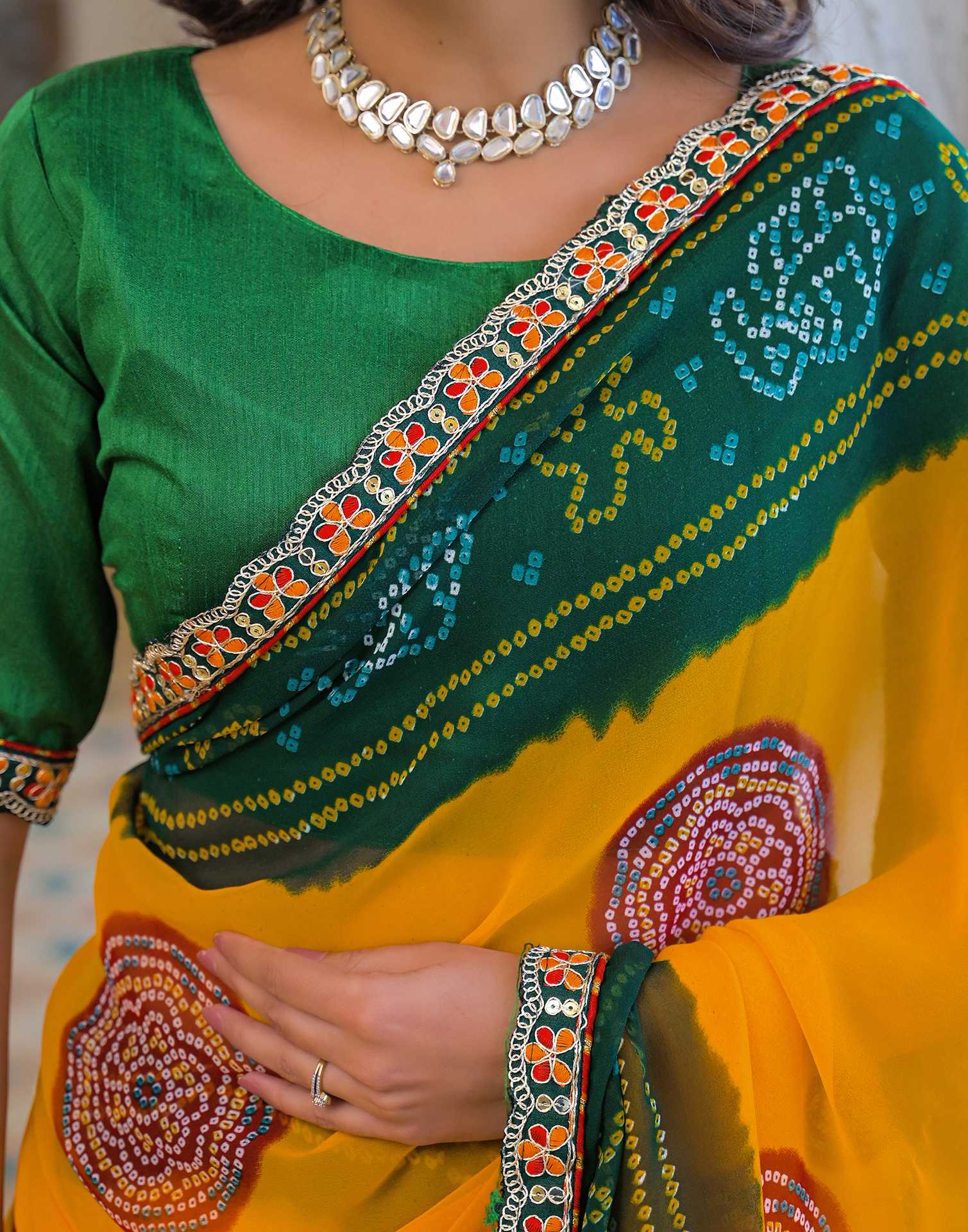 Yellow Georgette Bandhani Printed Lace Saree - Image 10