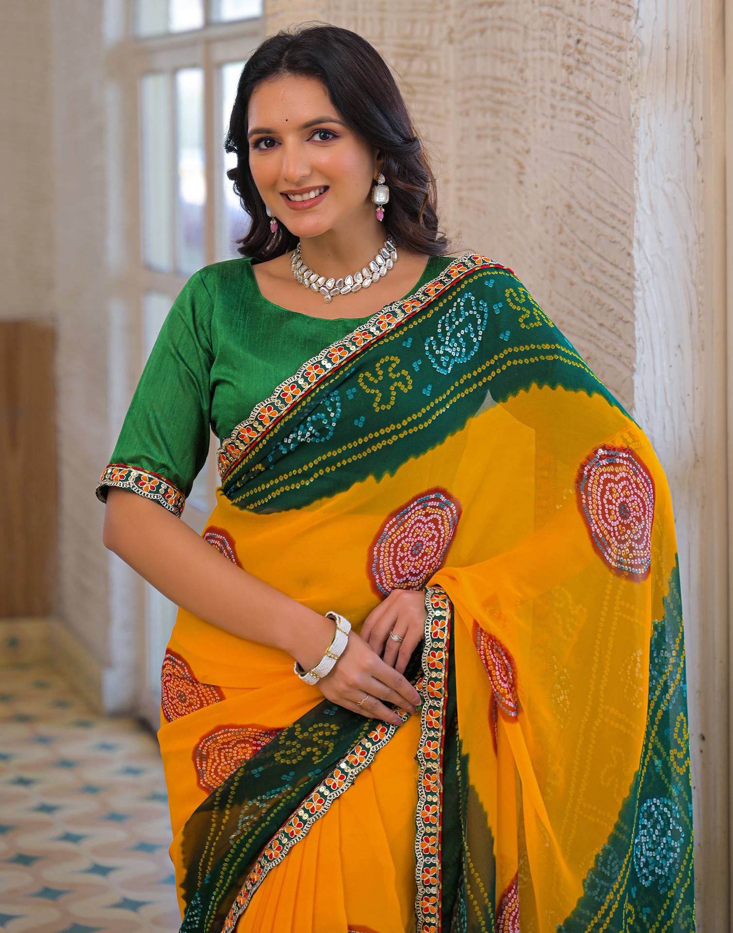 Yellow Georgette Bandhani Printed Lace Saree - Image 2
