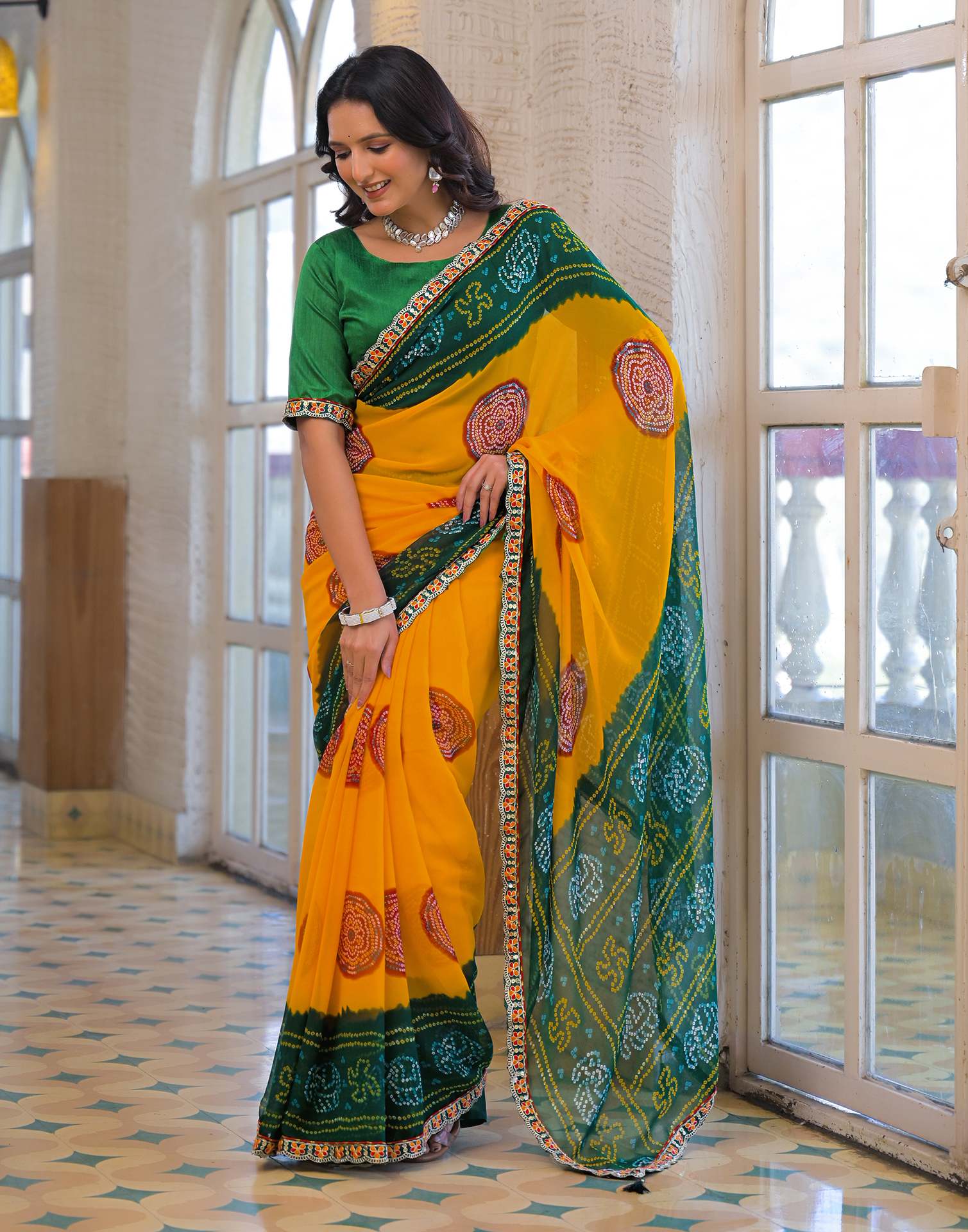 Yellow Georgette Bandhani Printed Lace Saree - Image 4