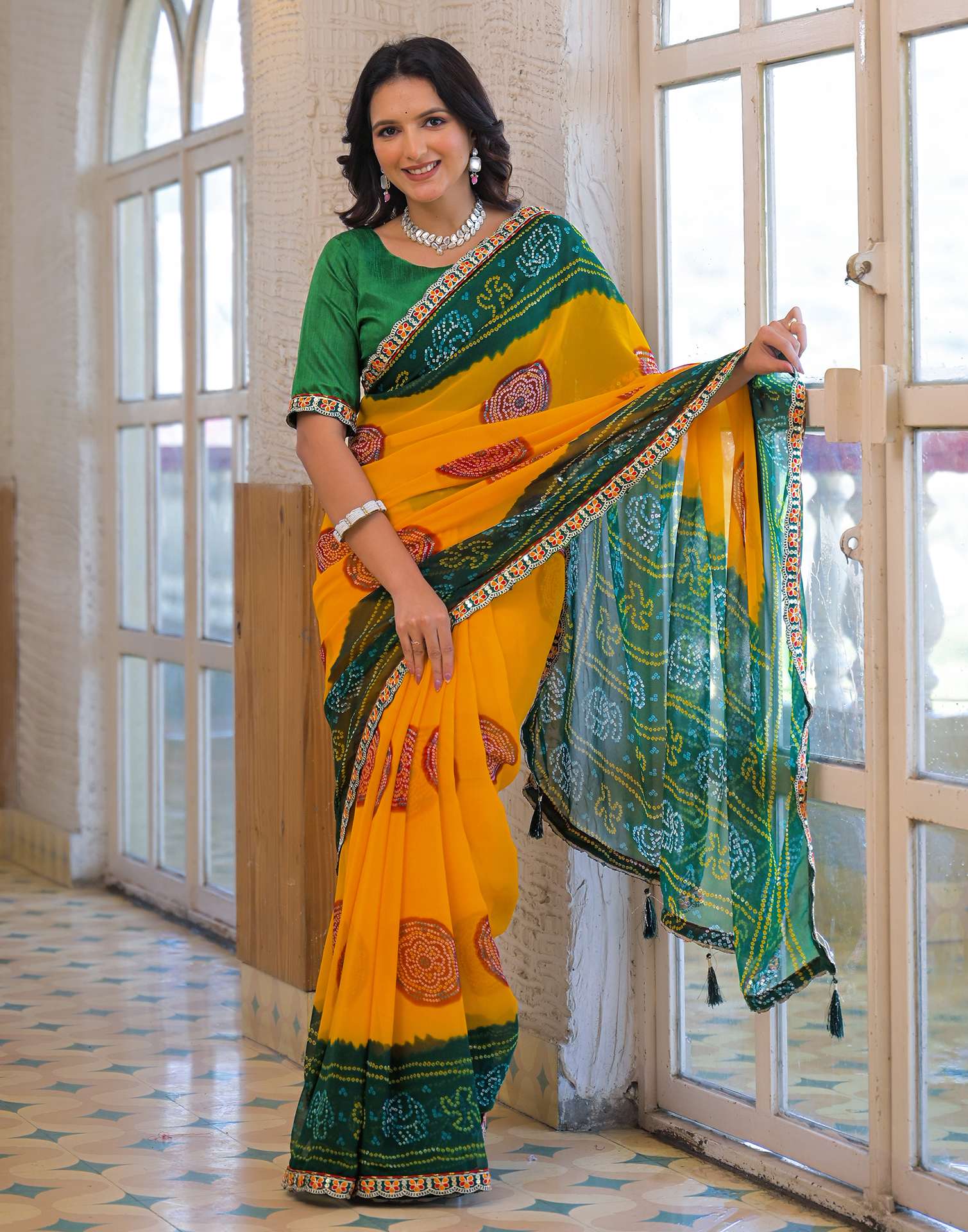 Yellow Georgette Bandhani Printed Lace Saree - Image 5