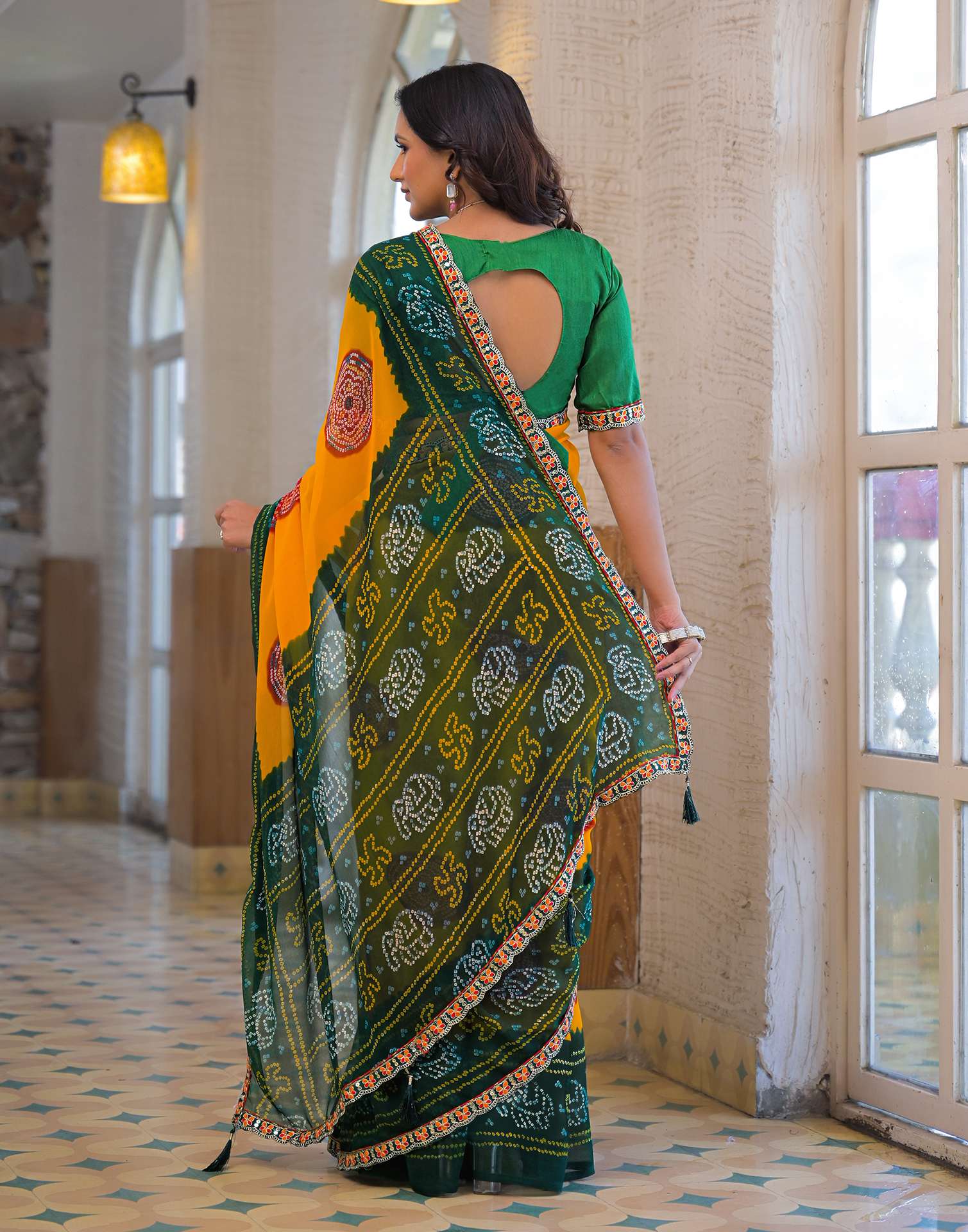 Yellow Georgette Bandhani Printed Lace Saree - Image 6