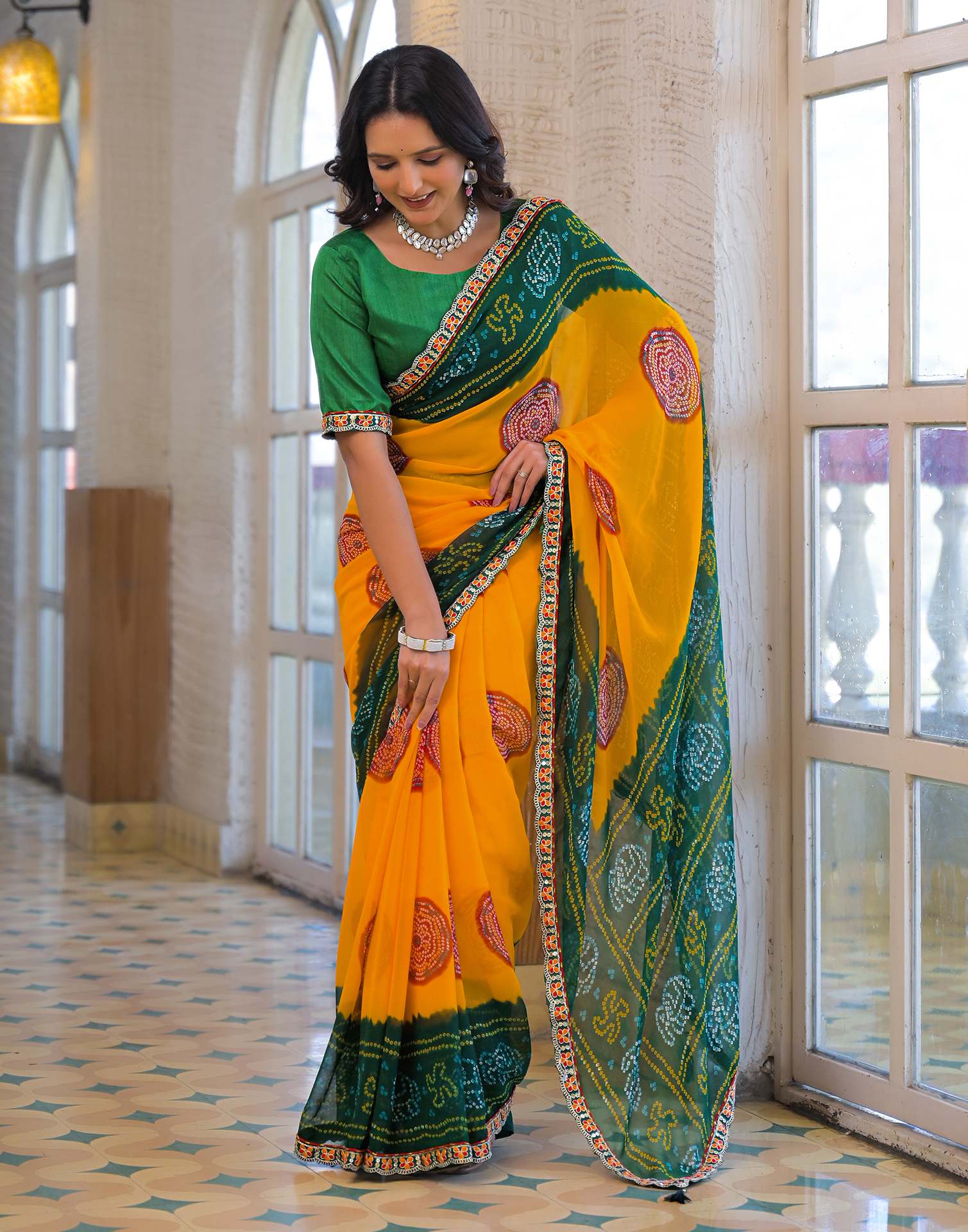 Yellow Georgette Bandhani Printed Lace Saree - Image 7