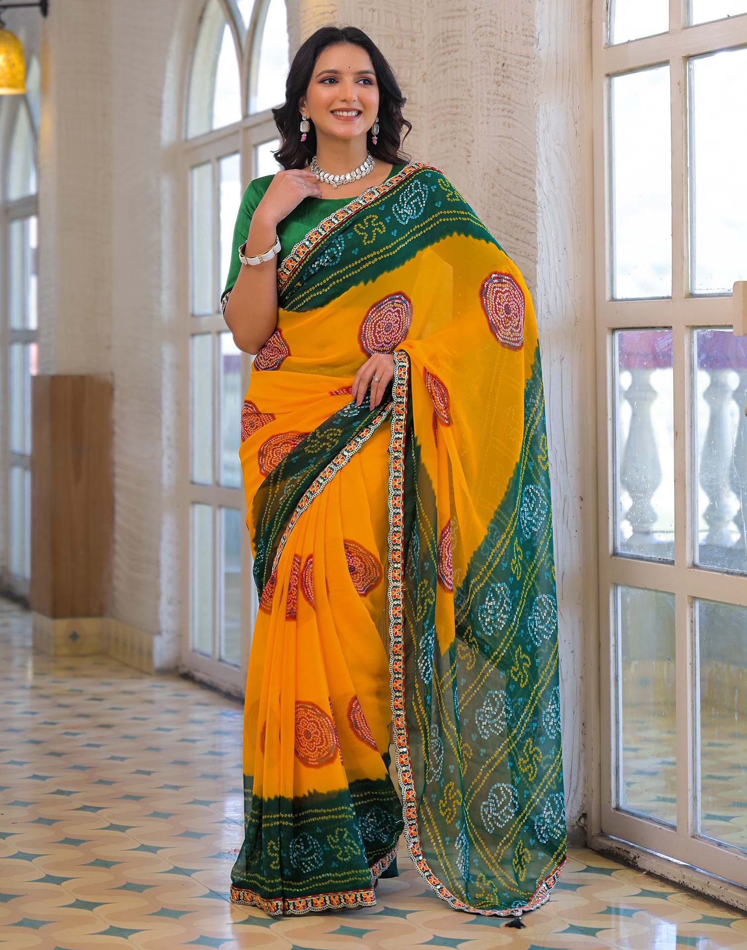 Yellow Georgette Bandhani Printed Lace Saree - Image 8
