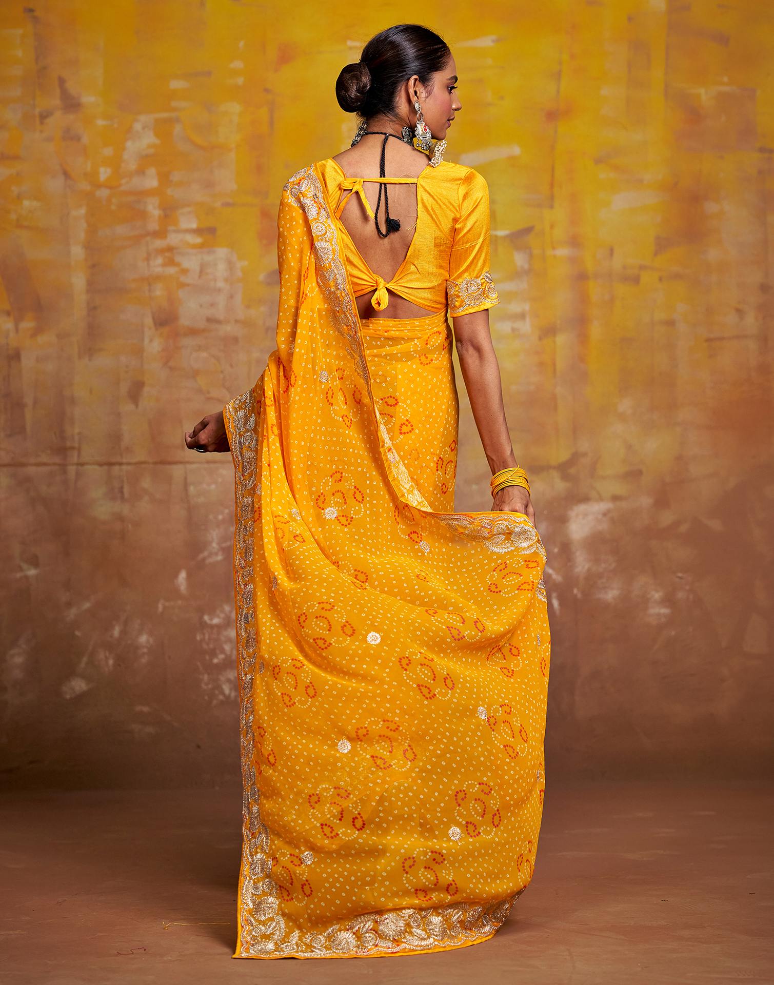 Yellow Georgette Bandhani Printed Saree - Image 6
