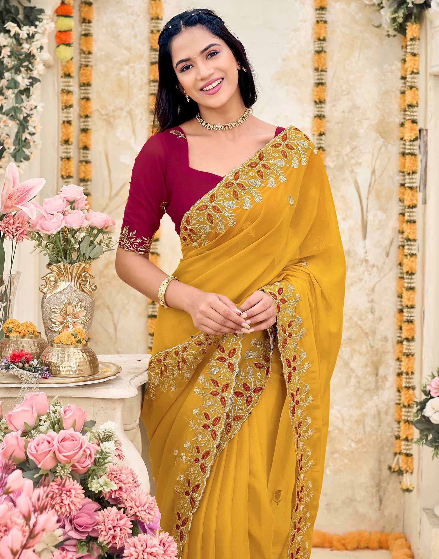 Yellow Georgette Embroidery Saree - Image 2