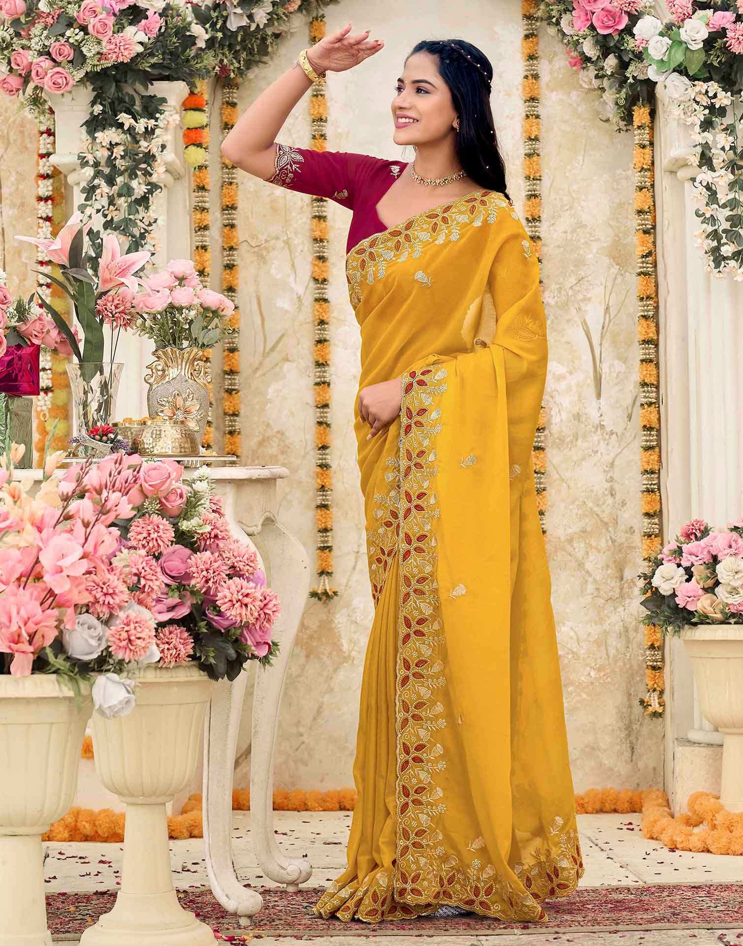 Yellow Georgette Embroidery Saree - Image 4