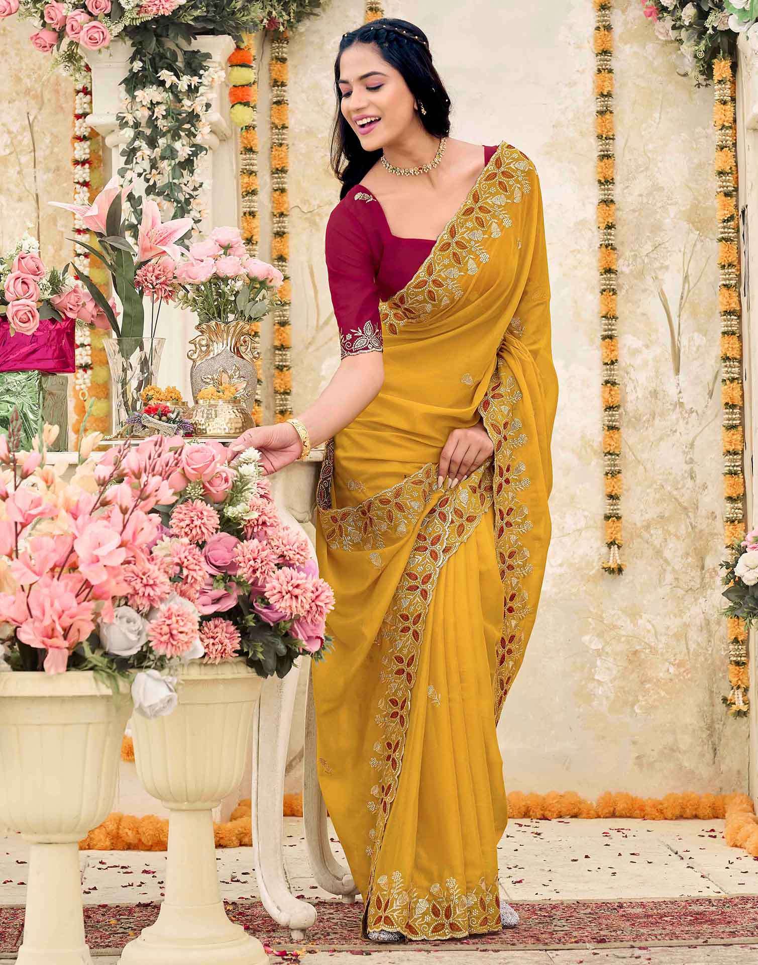 Yellow Georgette Embroidery Saree - Image 5