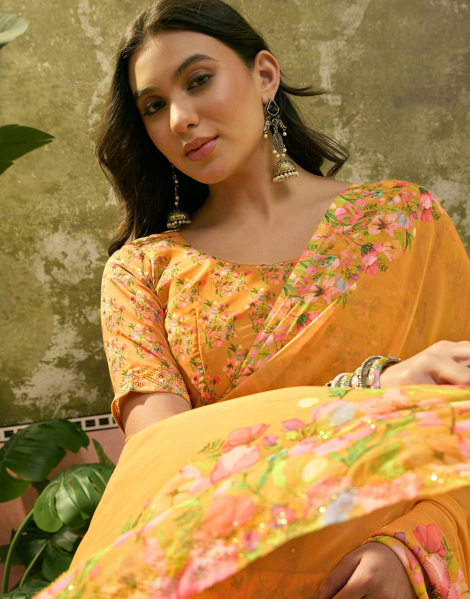 Yellow Georgette Floral Printed Saree - Image 2