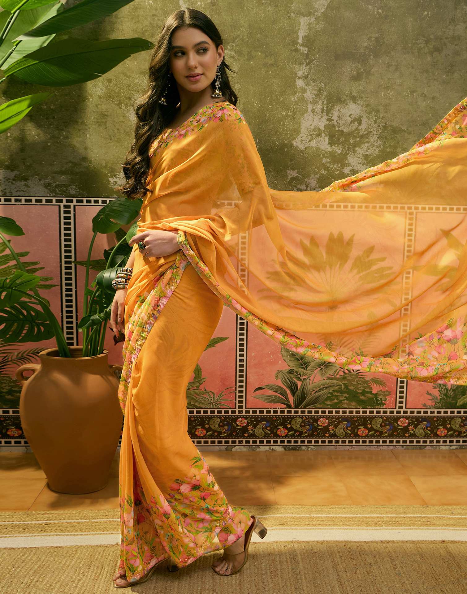 Yellow Georgette Floral Printed Saree - Image 4