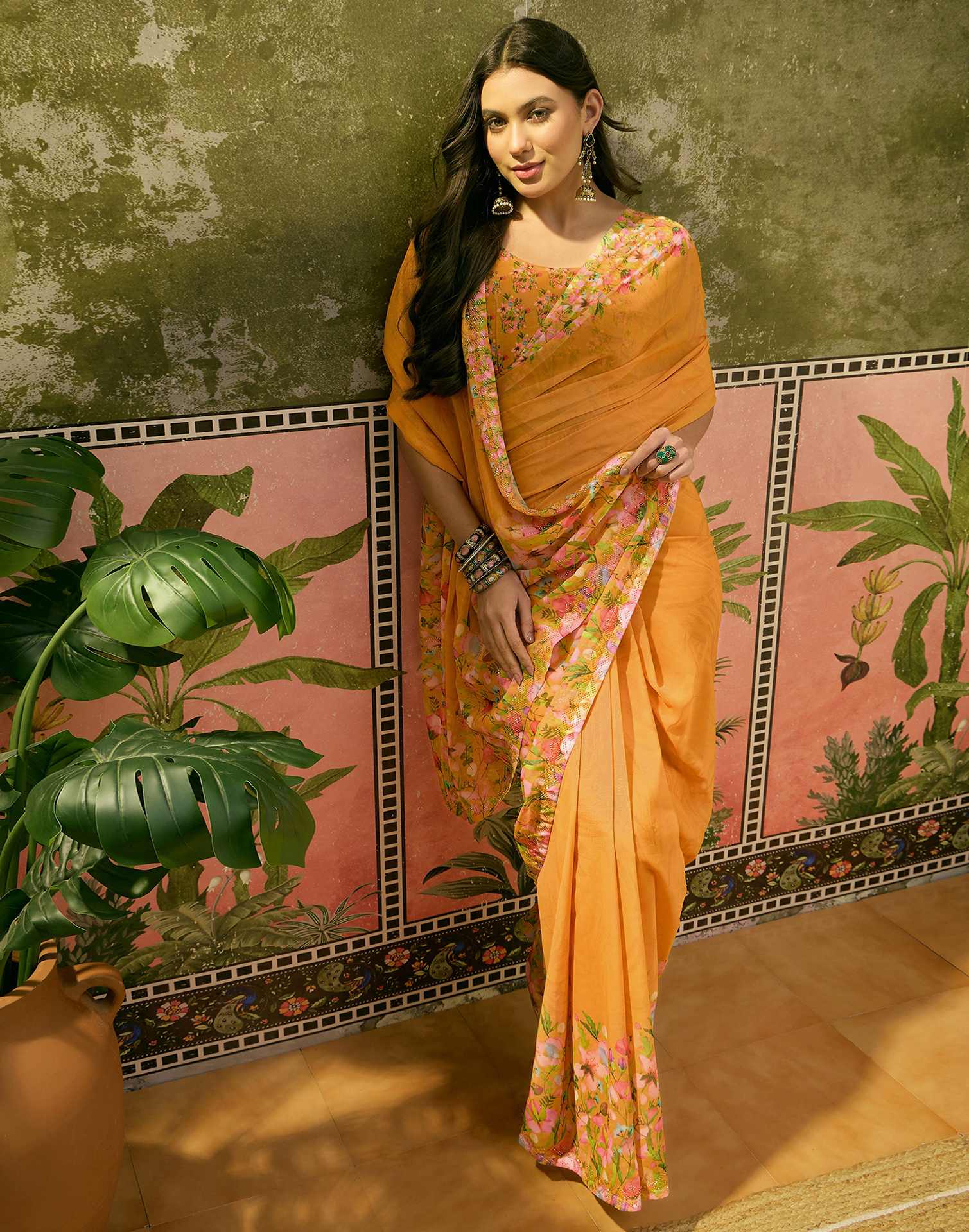 Yellow Georgette Floral Printed Saree - Image 5