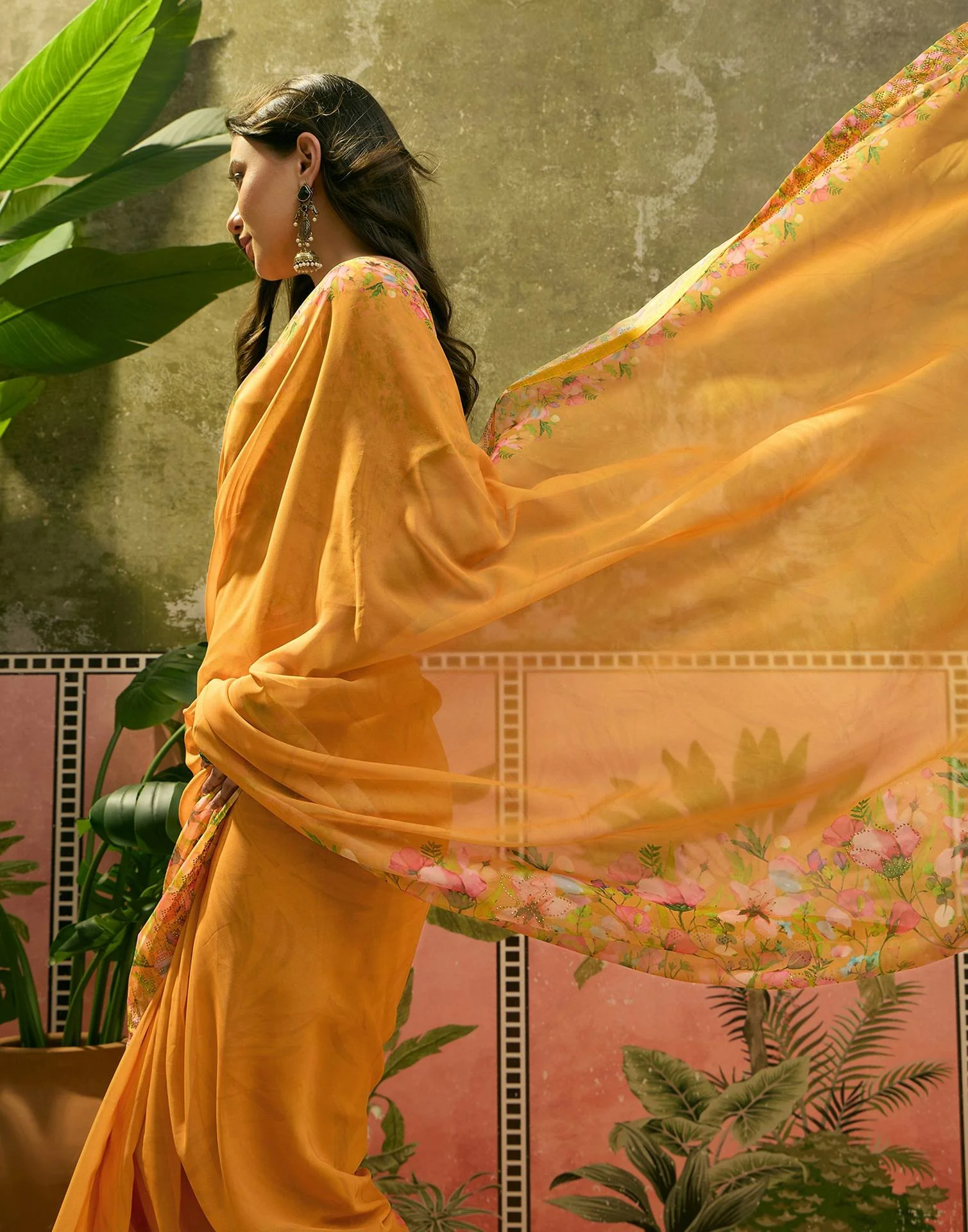 Yellow Georgette Floral Printed Saree - Image 7