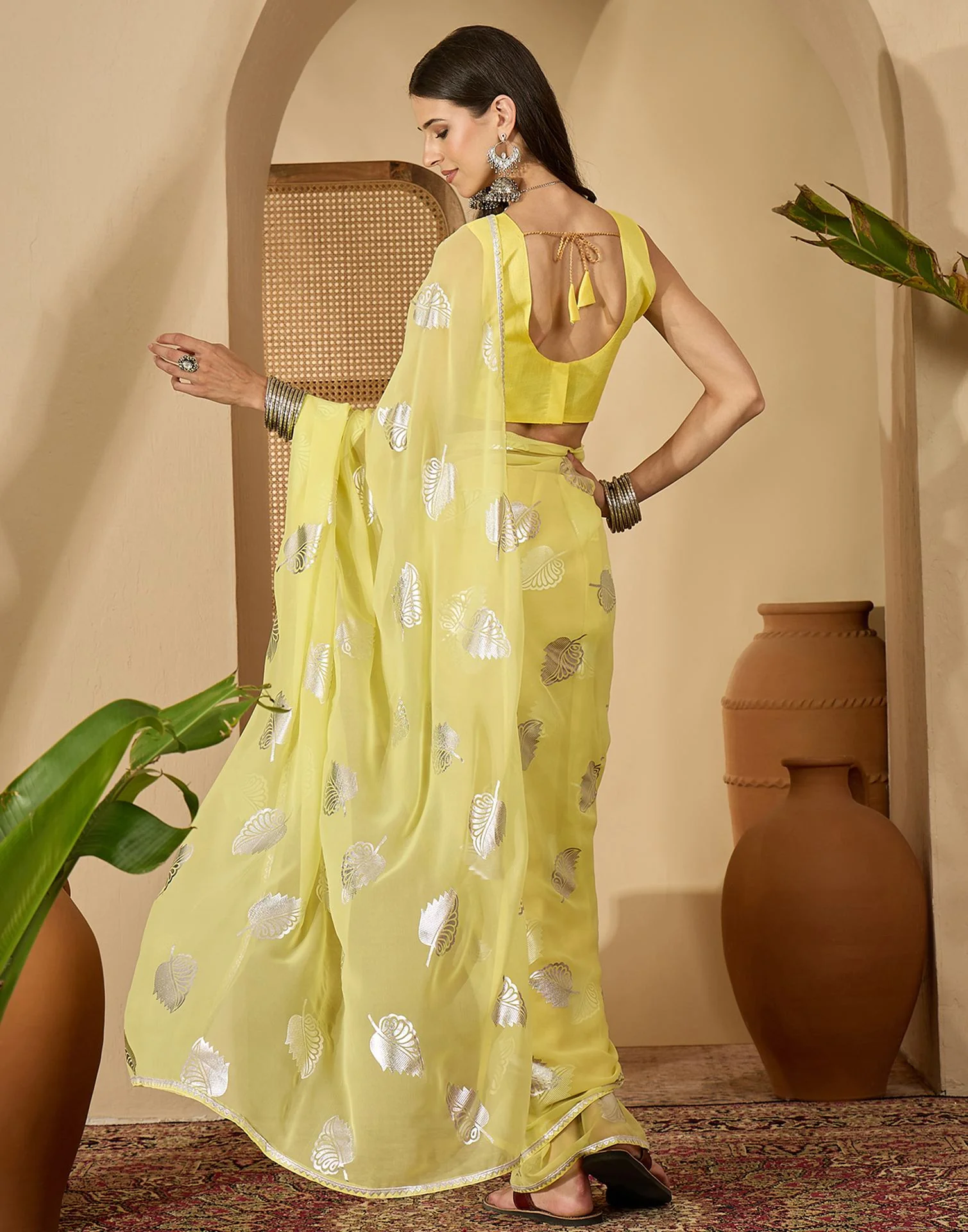 Yellow Georgette Foil Printed Saree - Image 6